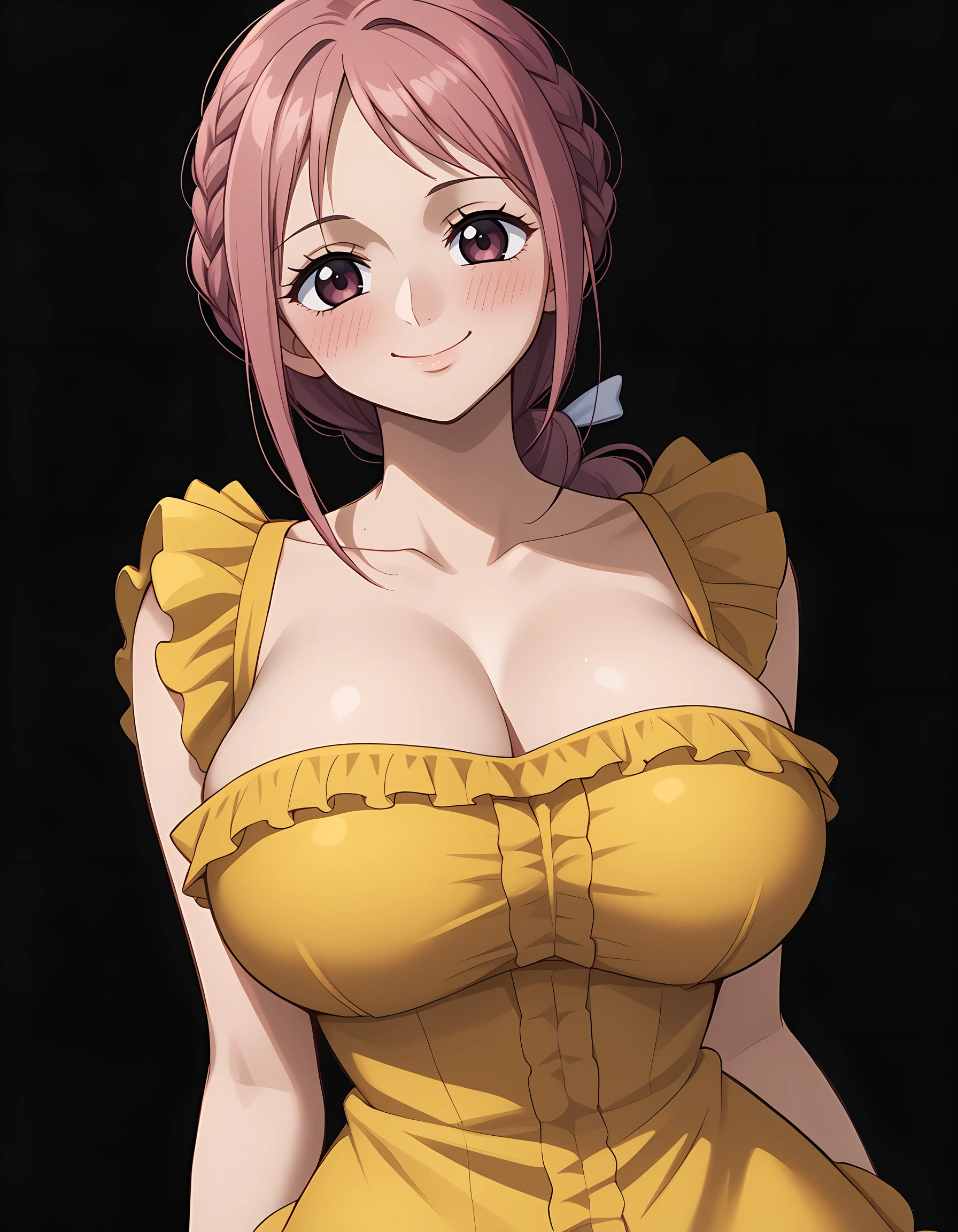 <lora:Rebecca_2:1>, rebecc4, braid, simple black background
1gir, solo, yellow dress, frills, large breasts, closed mouth smile