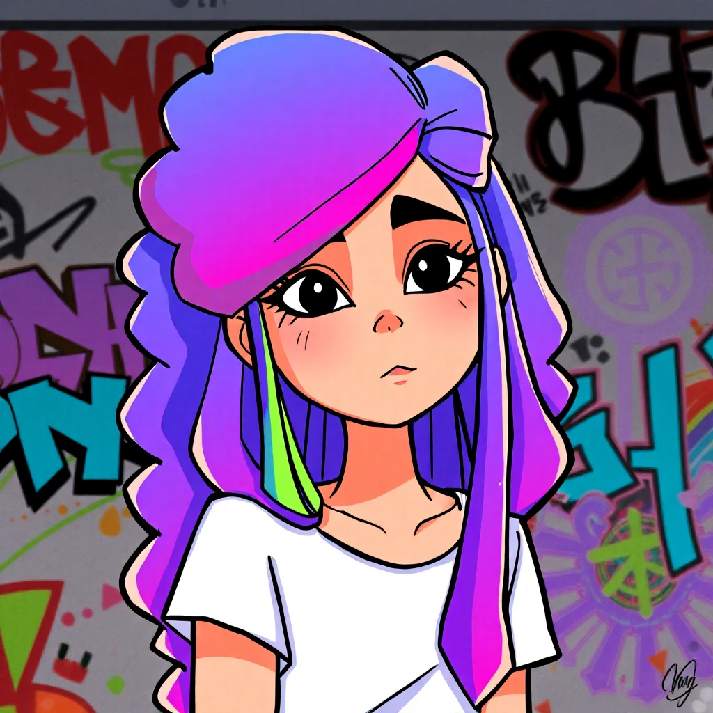 <lora:gtechs-fluxgym:1> a cartoon draw of a pretty girl with curly multicolor hair, background is full of graffities, gtechs style