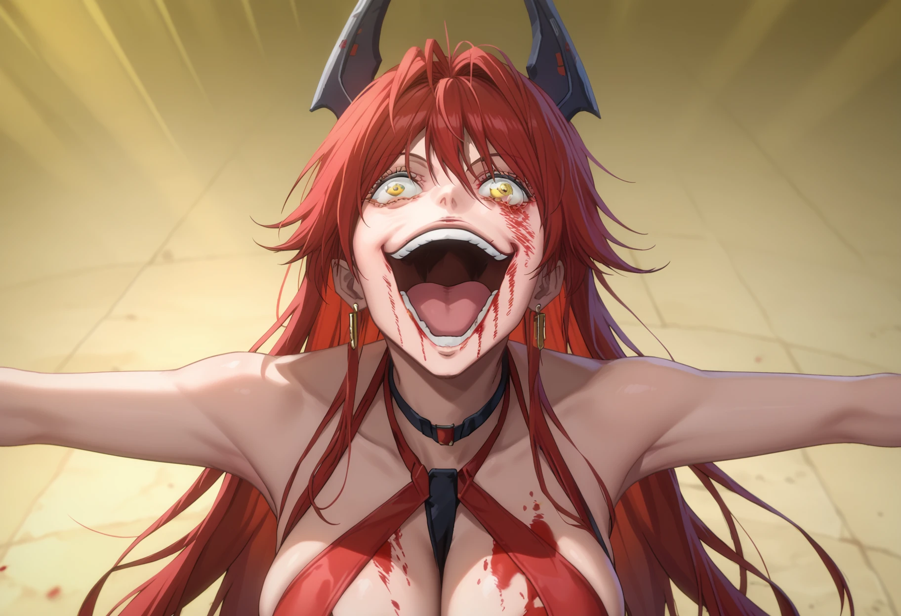 score_9, score_8_up, score_7_up, source_anime,
BREAK
 <lora:shigojoenV1:1>, gojoendef, crazy eyes, crazy smile, 
looking at viewer, smile, open mouth, upper body, teeth, tongue, blood, outstretched arms, blood on face, blood on clothes, 
1girl, solo, 
<lora:shiRedHoodV1:1> nsrhood, long hair, large breasts, red hair, yellow eyes, black choker, earrings, headgear, hair between eyes, hair intakes, cleavage, fingerless gloves, revealing clothes, between breasts, navel cutout, skindentation, red dress, navel,