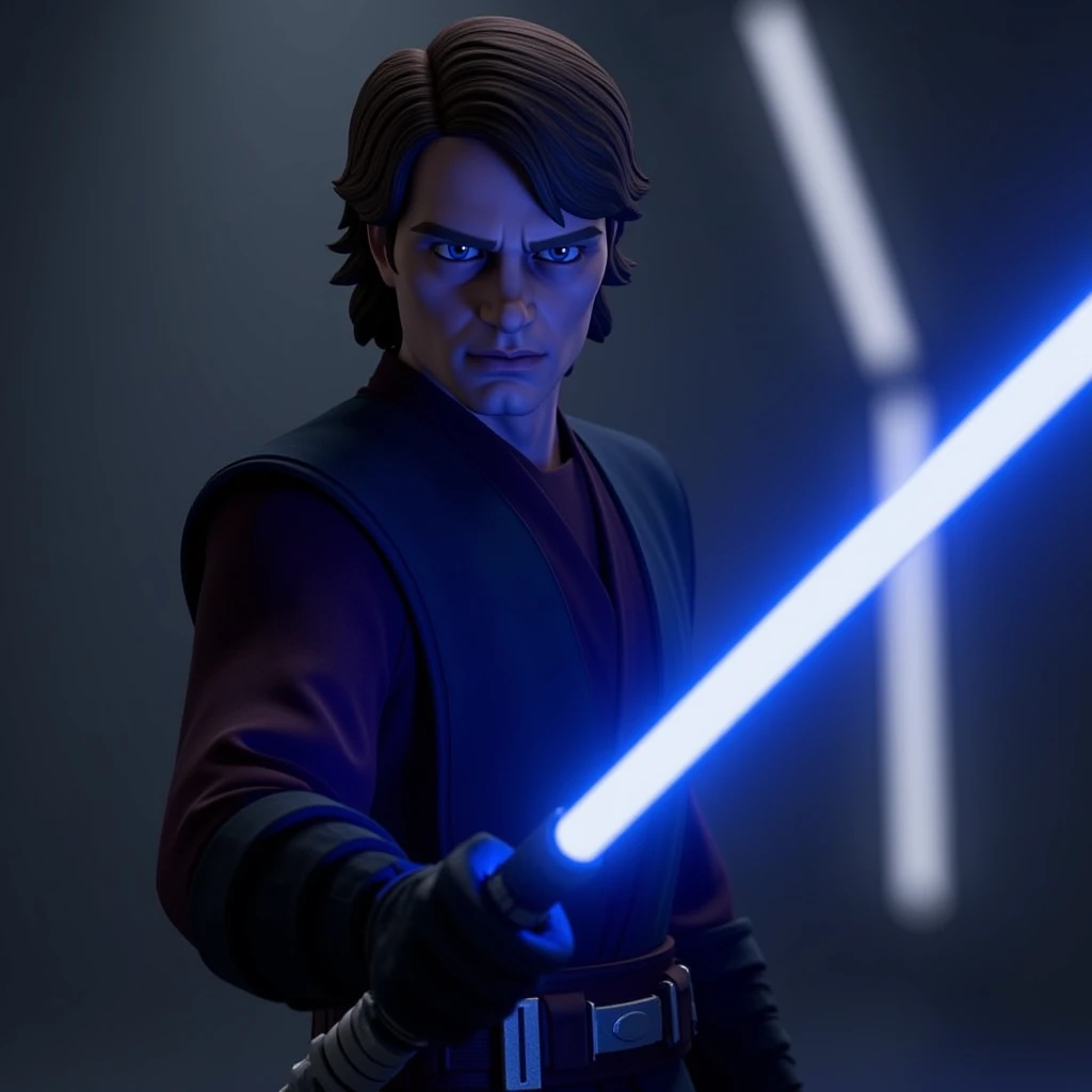 CGI,3D, TCWAK,  Anakin Skywalker, star wars, holding a blue lightsaber, high quality