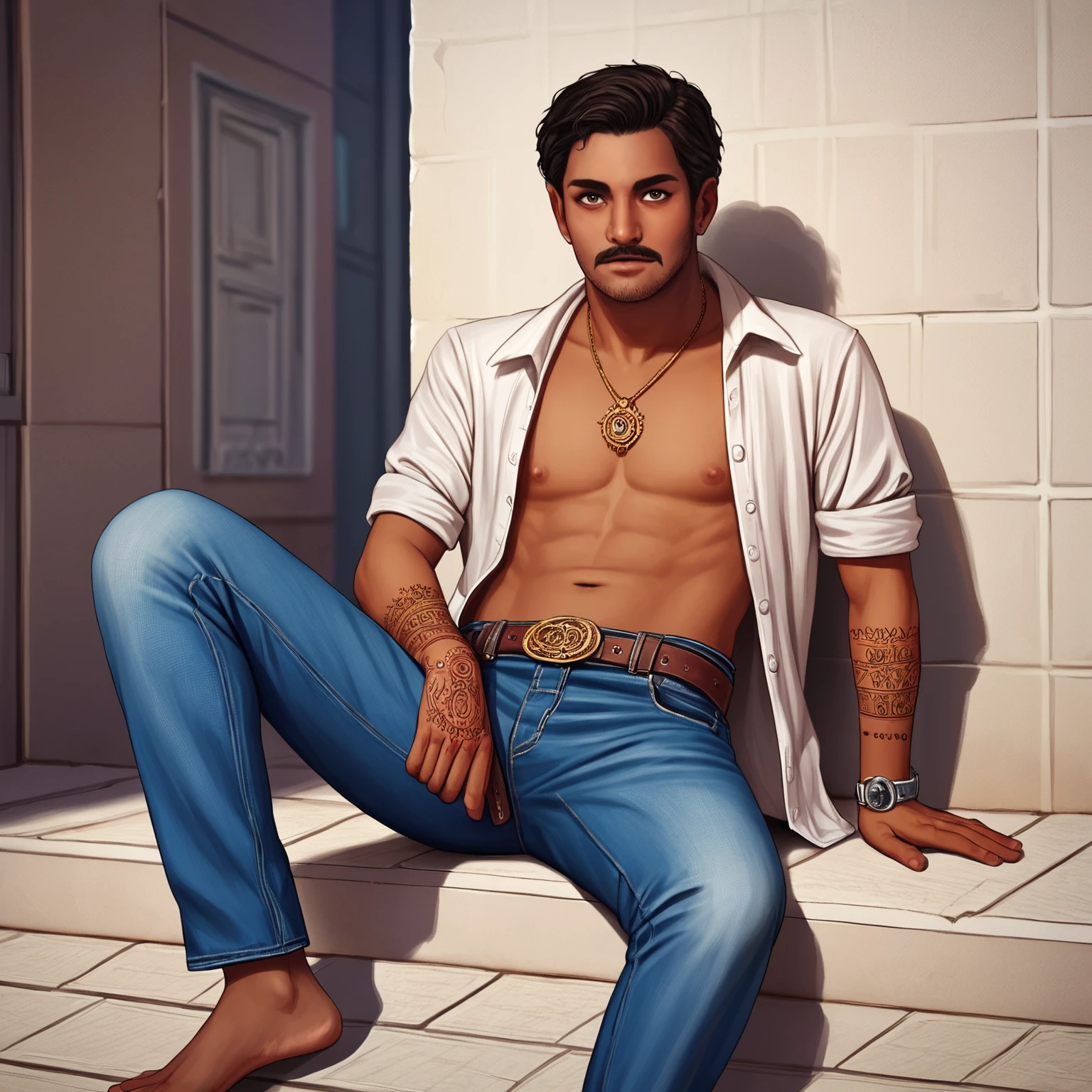 score_9, score_8_up, score_7_up, score_6_up, score_5_up, score_4_up, photorealism, realistic, india, outside, street
BREAK 1boy, indian, dark skin, slim, short hair, stubble, mustache, button shirt, necklace, jeans, belt, wristwatch, bindi, mehndi, arm markings, face markings, jewelry, sitting, reclining
<lora:Mehndi_ponyXL_v10:1>