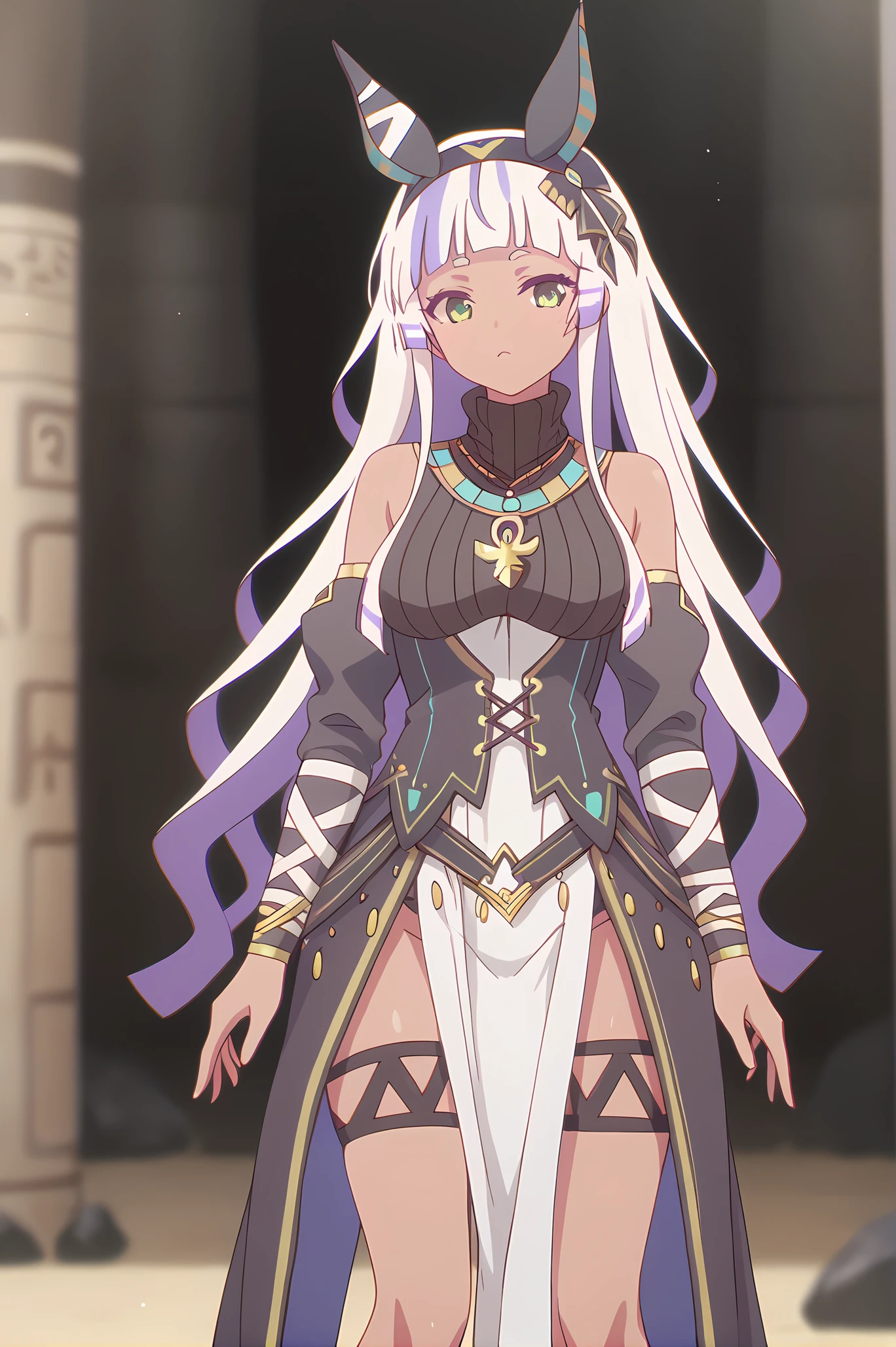 (egyptian clothes detached sleeves pelvic curtain:1.20), gg-anubis, necklace, hairband, white hair, multicolored hair, long hair, dark skin, jackal ears, green eyes, medium breasts, 1girl, solo, skinny, score_9, score_8_up, score_8, score_7_up, score_7, score_6_up, score_6, score_5_up, score_5, source_anime, blush, outdoors, (close-up:1.20), (:1.20), feet, <lora:gg-anubis-V01-000003:0.80>