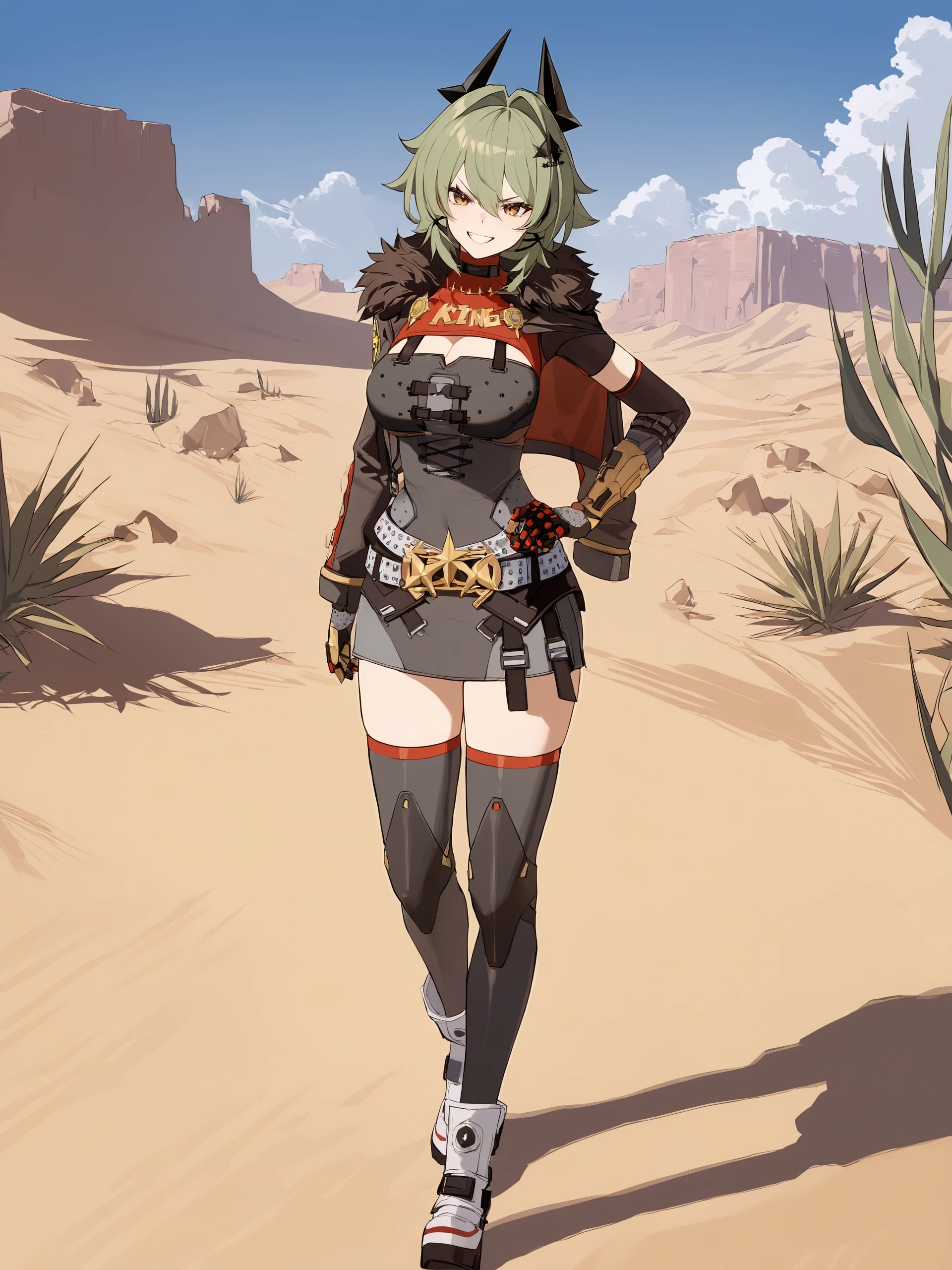 1girl, caesar king \(zenless zone zero\), horns, x hair ornament, hairclip, turtleneck sweater, mechanical arms, pencil dress, fur-trimmed jacket, arm out of sleeveknee pads, ankle boots, full body, standing, grin, v-shaped eyebrows, looking at viewer, hand on hip, outdoors, desert <lora:Char-ZZZ-Caesar-XL-V1:0.9>,  illustration, incredibly absurdres, ultra detailed, masterpiece, best quality, [<lora:detailed_notrigger:0.95>::0.5]