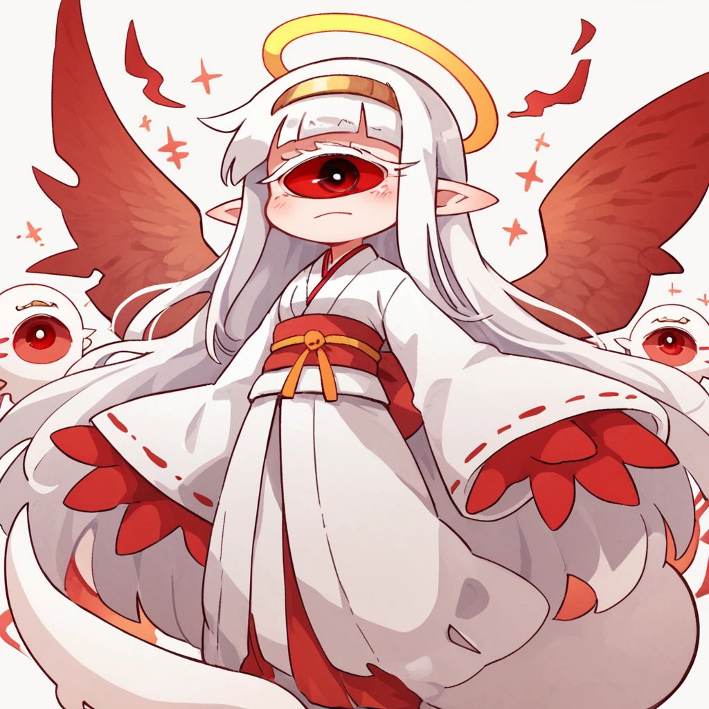 score_8_up
 <lora:02 (Beco) v3:0.6> beco02, 1girl, solo, cyclops, halo, long hair, white hair, japanese clothes, red eyes, monster girl, pointy ears, ghost tail, wings, white eyelashes