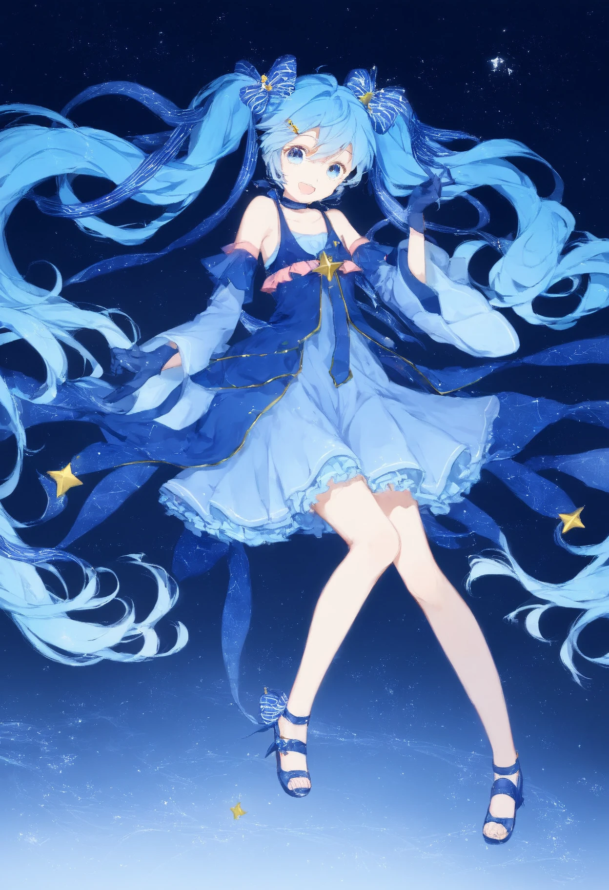 score_9,score_8_up,score_7_up,,source_anime BREAK ,    SHM17, hatsune miku, 1girl, yuki miku, constellation print, long hair, star \(symbol\), twintails, solo, blue hair, blue eyes, open mouth, hair ornament,  gloves, detached sleeves, smile, blue dress, star hair ornament, starry sky print, hairclip, striped ribbon, hair bow. full body<lora:RayfullyFor Pony v0.2_epoch_20:1>,<lora:éªãã¯17:1>