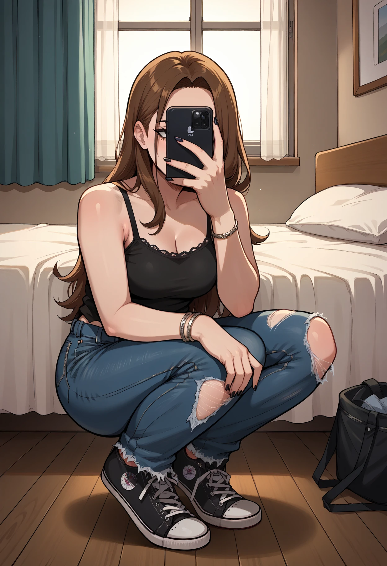 score_9, score_8_up,score_7_up, source_anime, 1girl, solo, kksh, holding phone, selfie,smartphone, looking at phone, covering face, hand up,
torn jeans, denim, torn pants, shoes, torn clothes, black camisole, sneakers, bracelet, bed, indoors, long hair, black nails, squatting, black footwear, jewelry, brown hair, tank top, breasts, nail polish, curtains, full body, converse, window, bare shoulders, blue pants, iphone, bedroom
<lora:kksh_pdxl_EliPot:1>