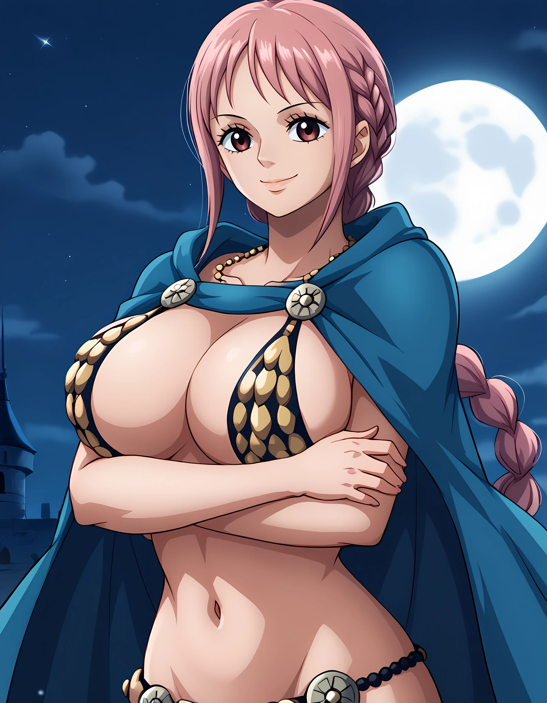 <lora:Rebecca_2:1>, rebecc4, braid, 
 <lora:Rakka_Style:0.5>, r4kka style,
bikini armor, blue cape, large breasts, hands under breasts, smile, night sky, moon, ambient lighting,