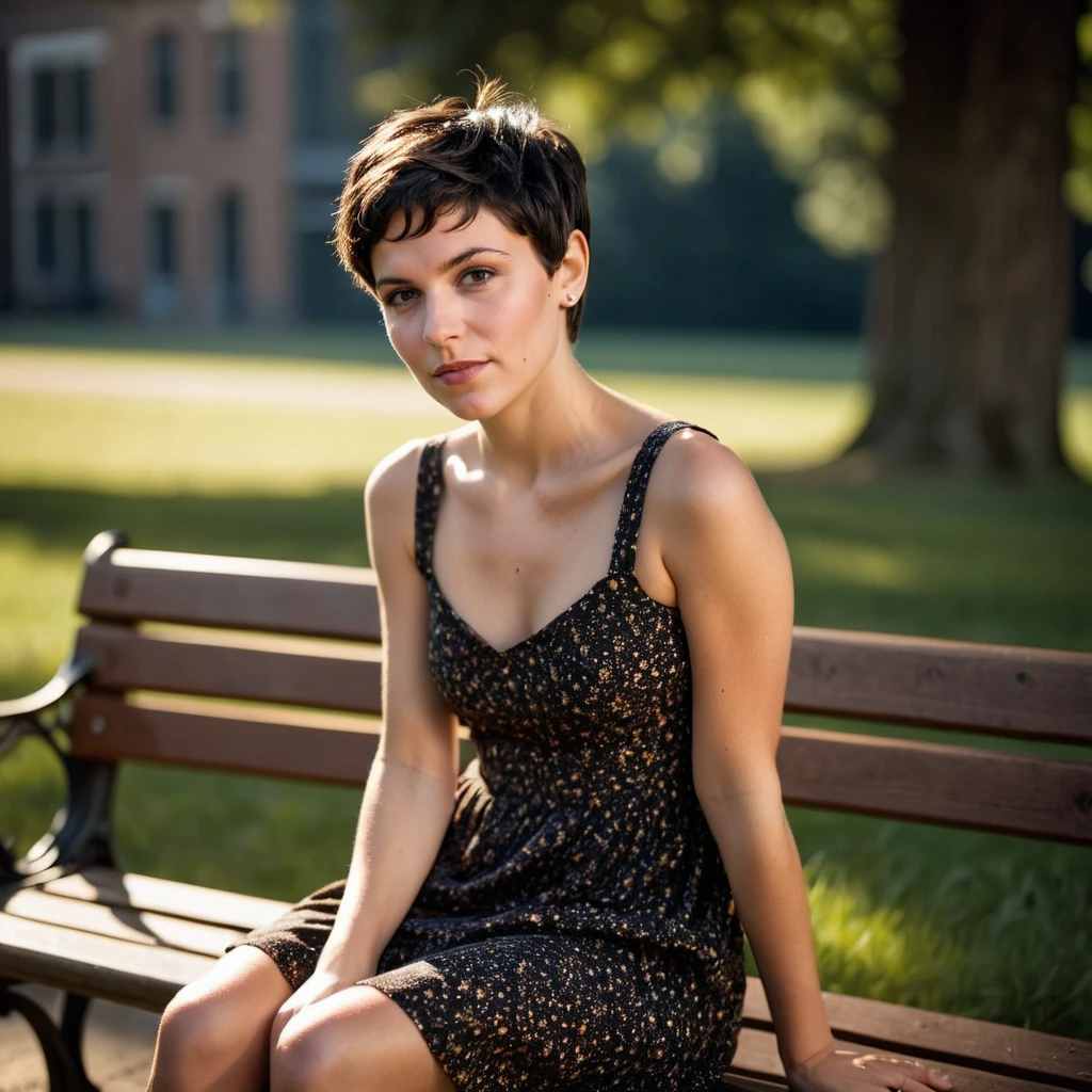 a realistic photo of a young woman sitting on bench with short layered pixie dark hairstyle and wearing a sundress, shot in epic cinematic lighting, <lora:Short_Layered_Pixie_Harstyle:0.6>