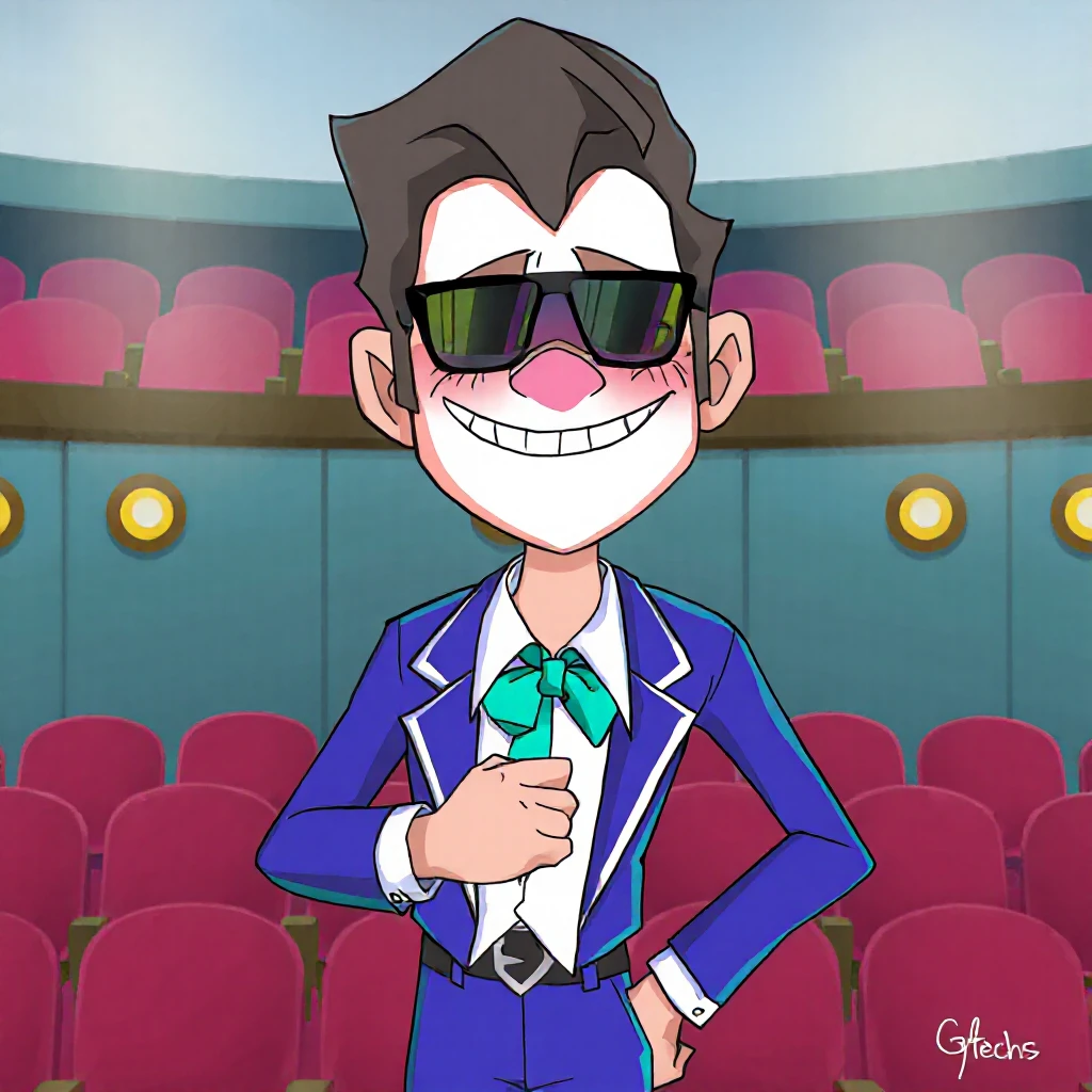 <lora:gtechs-fluxgym:1> a cartoon draw of the joker, background is a theater, gtechs style