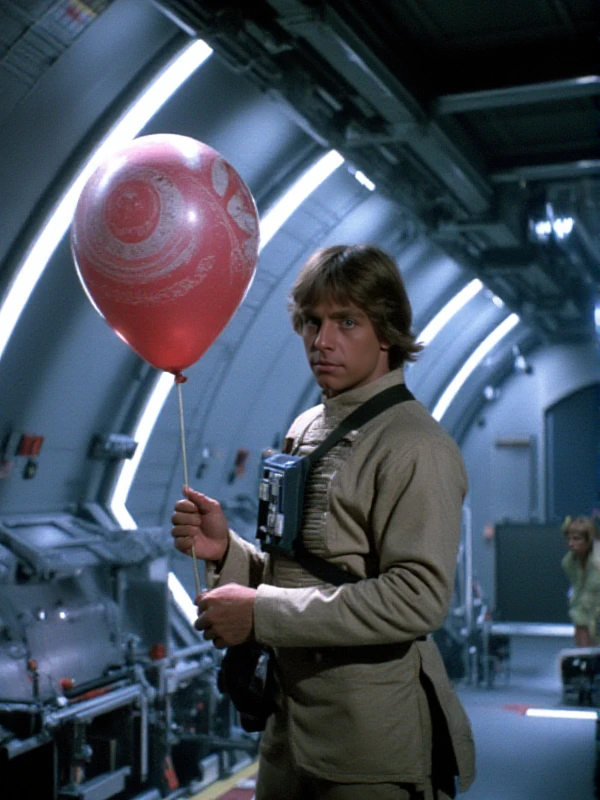 Luke Skywalker is holding a balloon in a spaceship <lora:Luke_Skywalker:0.9>