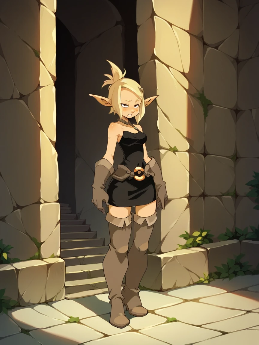 score_9, score_8_up, score_7_up, score_6_up, score_5_up,   <lora:wakfuXLP:1> wakfu, 1girl, blonde hair, pointy ears, full body, black dress, thigh boots, gloves, belt