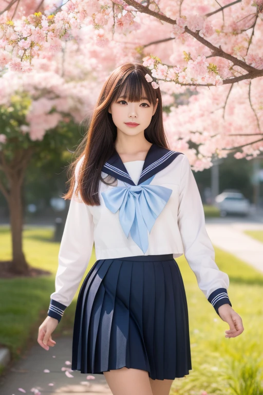ltra-detailed,highly detailed,best quality,masterpiece,illustration, drawing, realistic, photorealistic,
1girl, solo,
akebi, school uniform, serafuku, sailor collar, long sleeves, pleated skirt, blue neckerchief,
long hair, bangs,
looking at viewer, walking, cowboy shot,
outdoors, day, nature, sky, grass, wind, scenery, tree, cherry blossoms, falling petals,
<lora:akebi_v1_06:0.8>