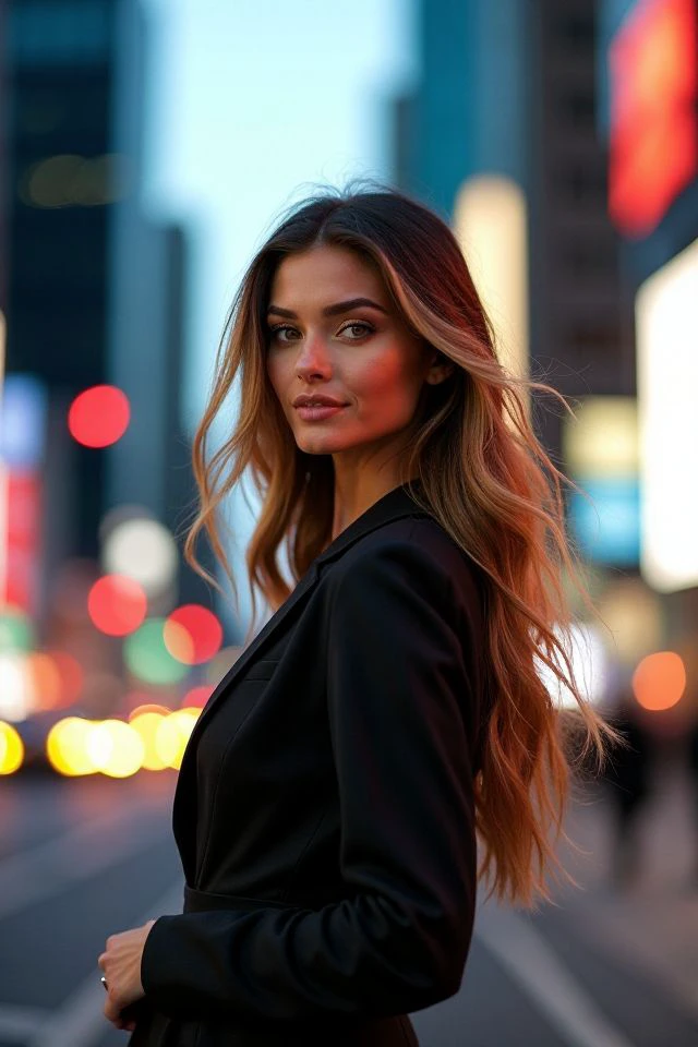 A captivating woman stands in the heart of the city, exuding elegance and confidence. Her long, flowing hair catches the city lights as they reflect off the glass buildings around her. She wears a chic, modern outfit that perfectly complements her figure, making her stand out amidst the urban backdrop. Her eyes meet the viewer’s gaze with a warm, inviting expression, and a subtle smile plays on her lips. The bustling cityscape, with its vibrant lights and towering structures, contrasts beautifully with her calm and poised demeanor, creating a stunning visual of grace in the midst of urban energy