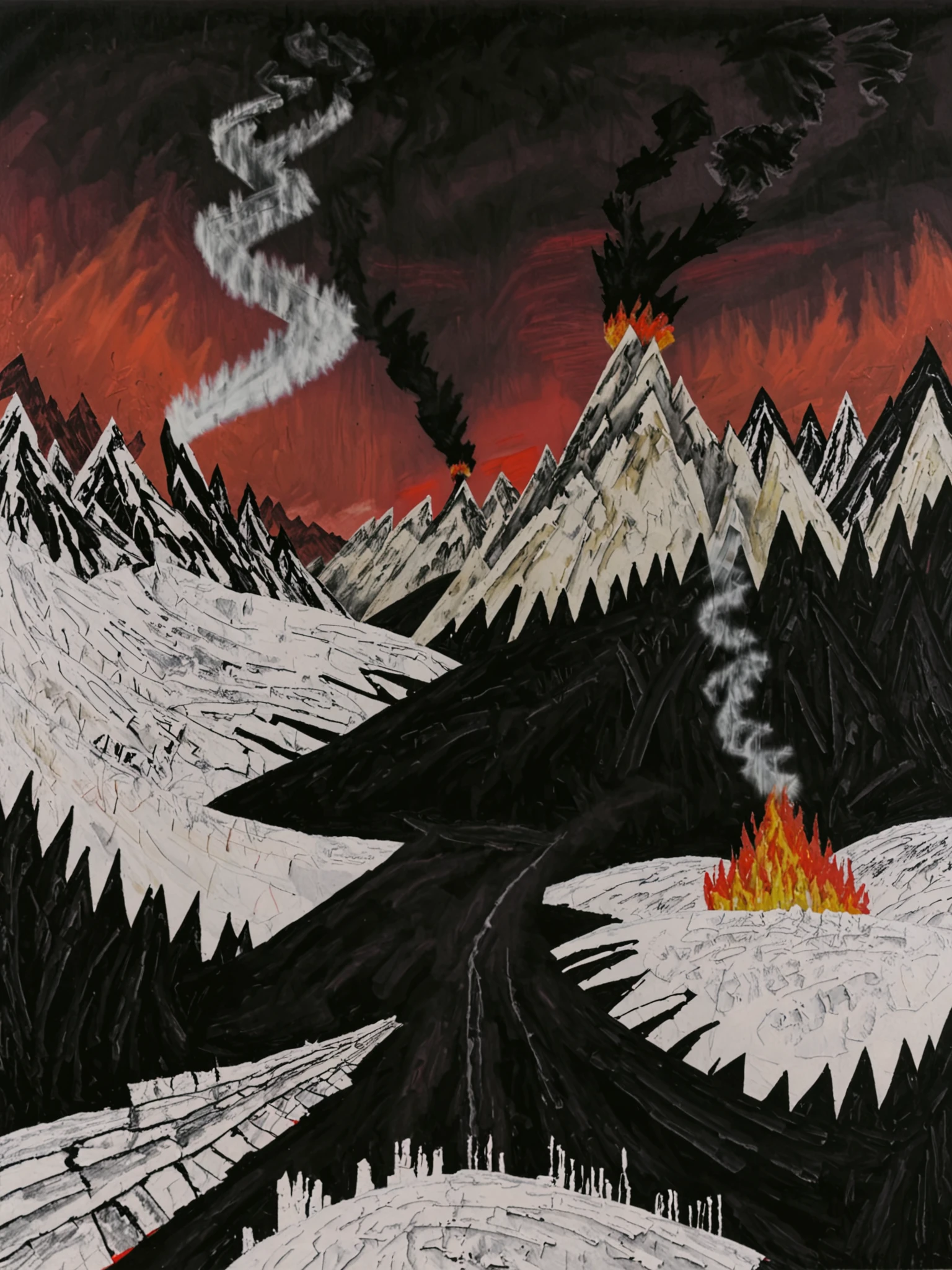 masterpiece, best quality, kidastyle, mountains, red sky, black sky, snow, zero pictured, smoke, fire