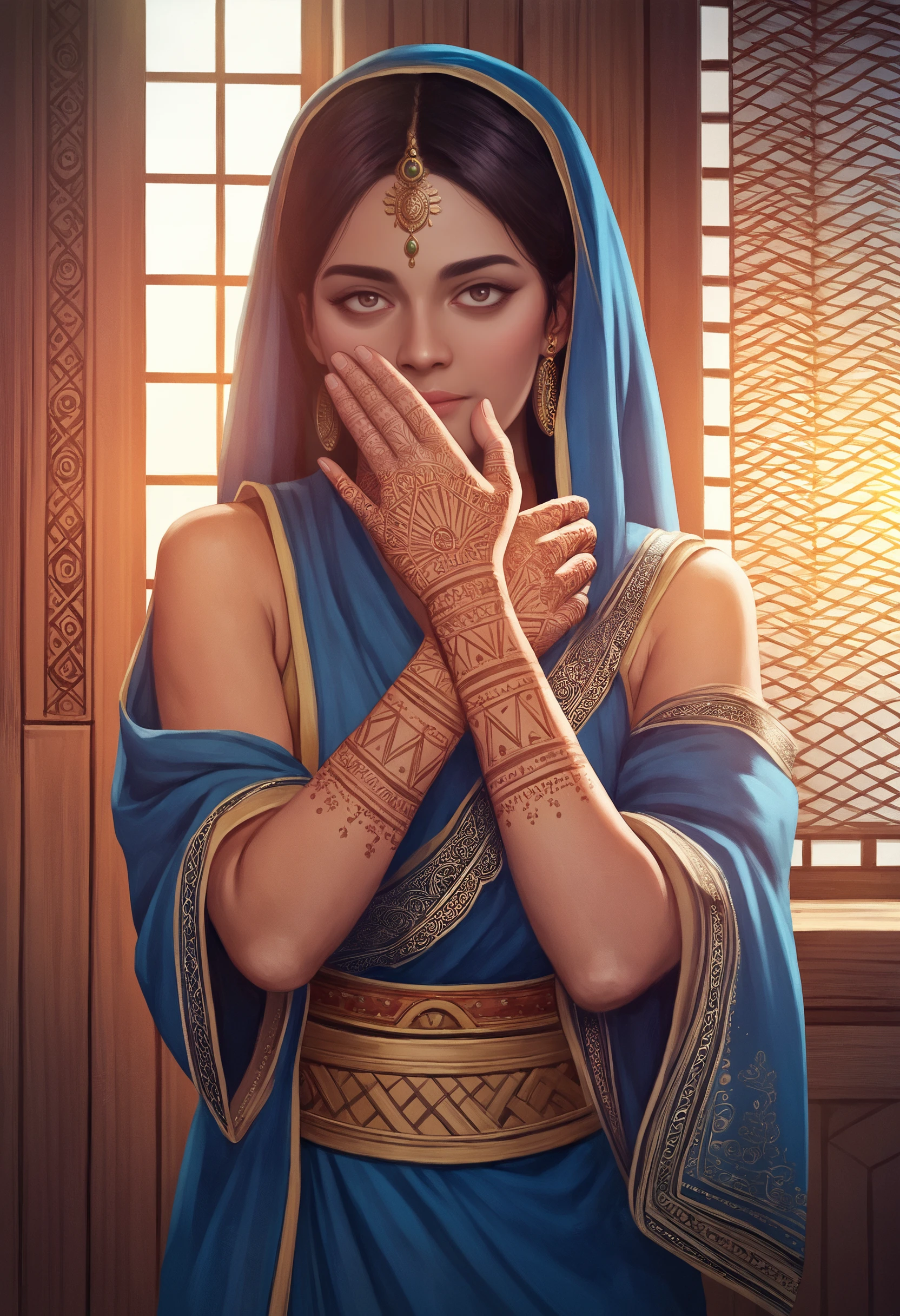 score_9, score_8_up, score_7_up, score_6_up, score_5_up, score_4_up, source_anime, photorealism, realistic, sunlight, backlighting, dramatic lighting, portrait, close-up, sunset, wood, pattern background, inside, sky
BREAK 1girl, indian woman, sari, traditional clothing, blue clothing, sash, mehndi, hand markings, arm markings, hand over eye, arm grab, hand focus
<lora:Mehndi_ponyXL_v10:1.0>