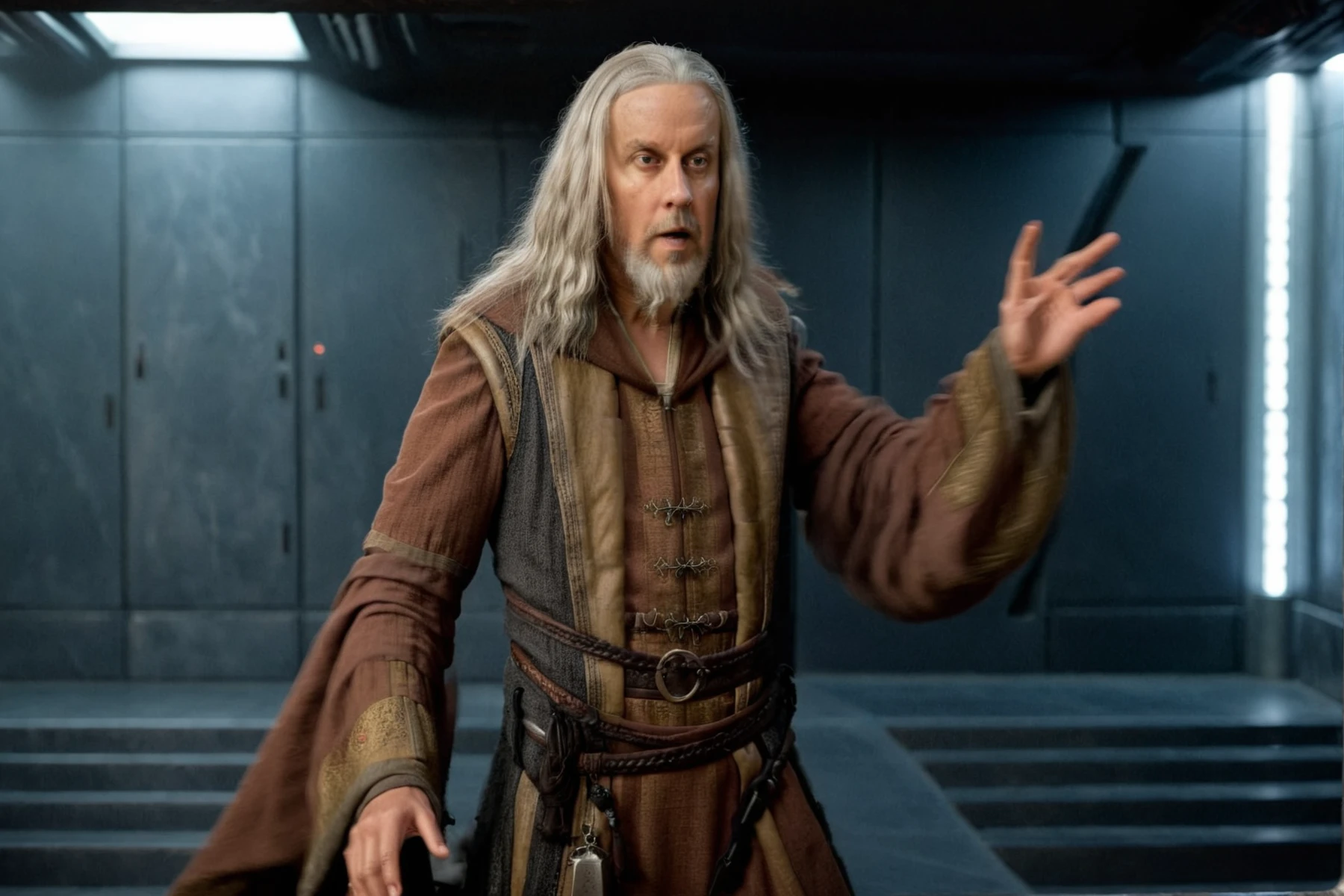 (extreme close-up1.5) shot of Jorus C'baoth  <lora:Jorus_Cbaoth:1> has long grey hair with a beard, he is wearing warm earth tone colored Jedi clothing, talking, background of a Star Destroyer Interior <lora:Star_Destroyer_Interior:0.8> from a star wars movie, white lights in the walls, science fiction, 8k resolution, sharp focus, dark and ominous, cinematic, detailed, motion picture style, realistic, sci fi style, cinematic light, perfect color, perfect scene, shallow depth of field, vignette, highly detailed, high budget, bokeh, cinemascope, moody, epic, masterpiece, <lora:Rembrandt Lighting style v2:0.2> Rembrandt Lighting style, in the dark Low-key lighting Style <lora:Low-key lighting Style:0.2>