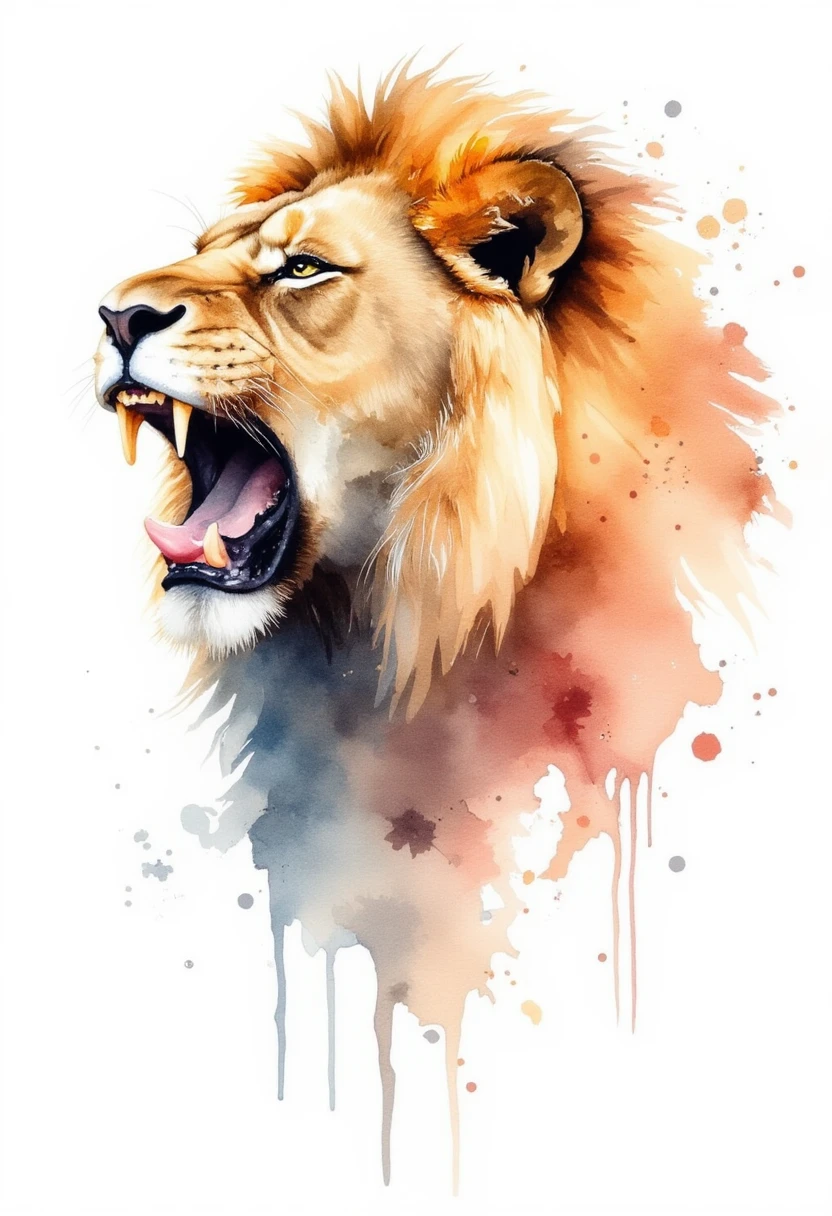 a stylized kk_wcolor watercolor painting of a lions head roaring on a white background with splotches,slpaters and drips of paint 