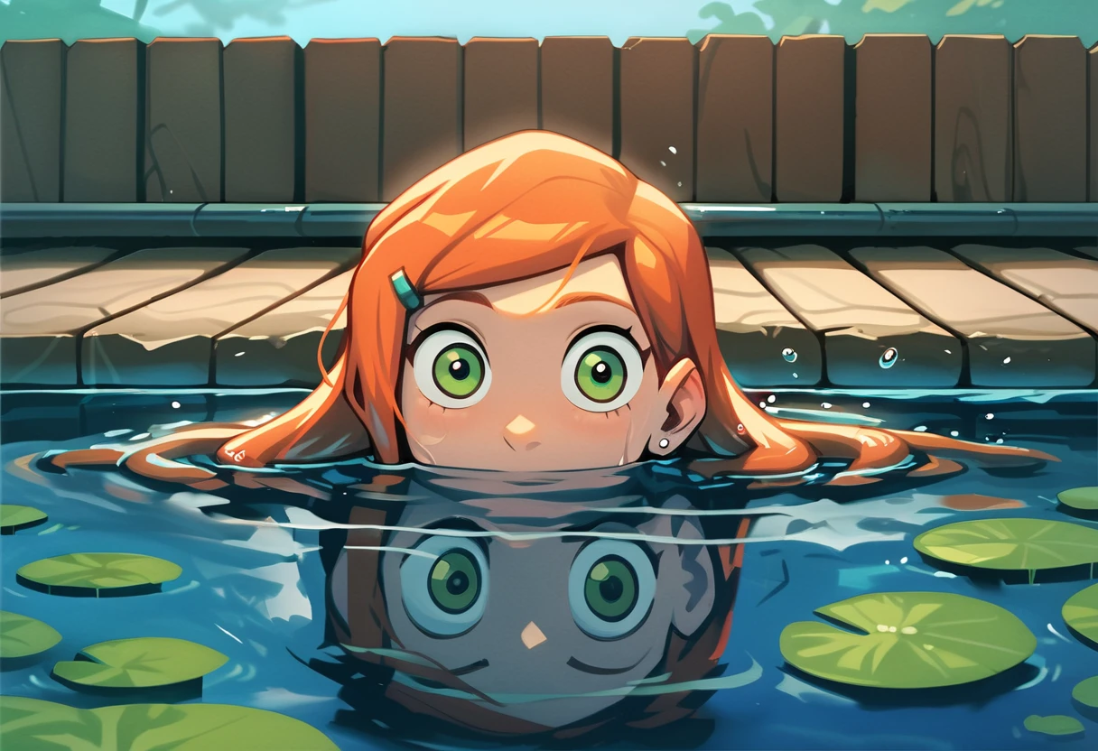 score_9, score_8_up, score_7_up, BREAK, BREAK source_anime,
solo,1girl,face focus,water,anime style,wet hair,blue water,observing,calm expression,curious gaze,silent encounter,
head_out_of_water,head sticking out of water,peeking out of water,face above water, 
orange hair, green eyes,Gwendolyn_Tennyson
   <lora:head_out_of_water_pony_xl:0.6> <lora:GwenTenXL:1>