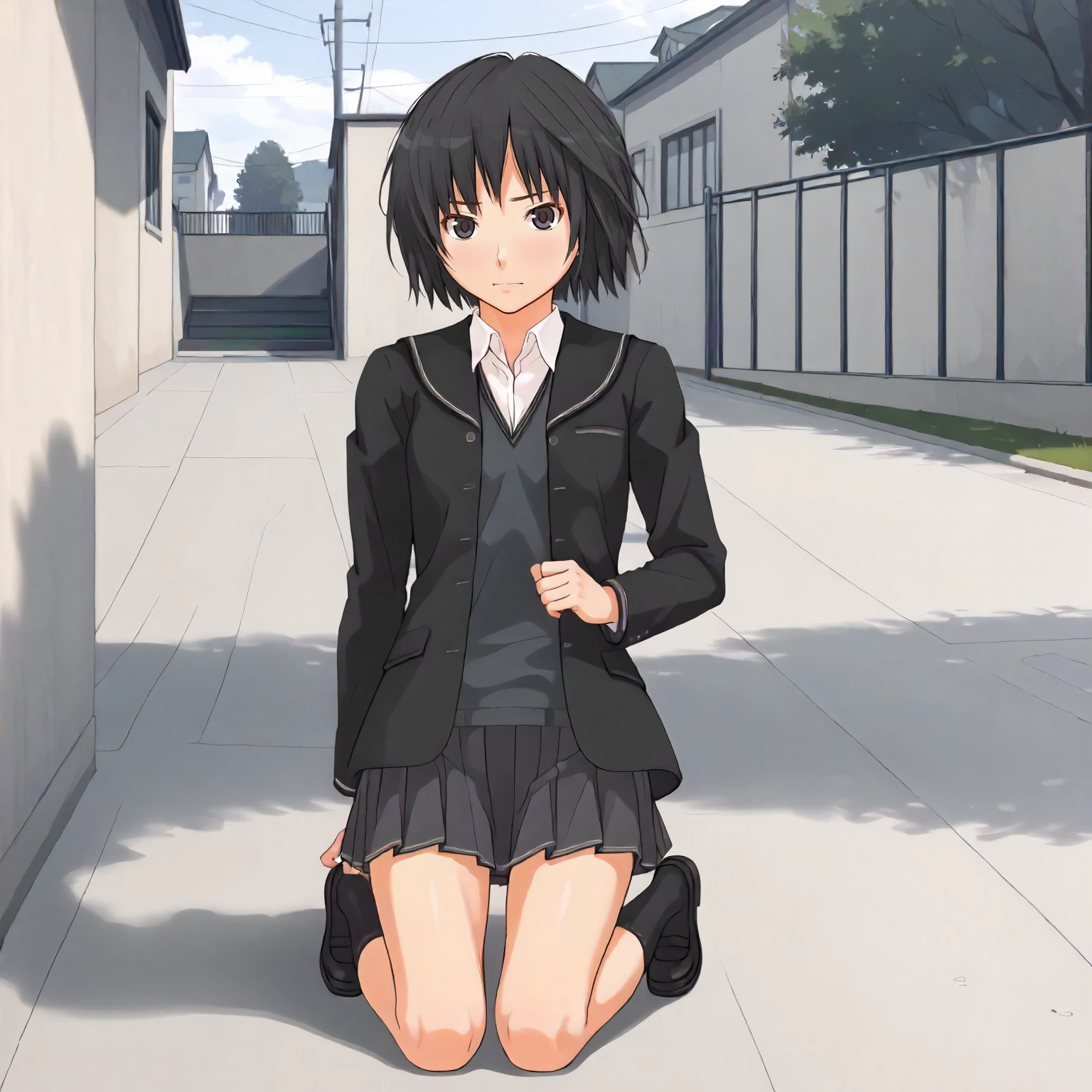 <lora:AG_AiNanasakiXLpony001>,
outdoors,
solo,
AiNanasaki,1girl,black hair,short hair,black eyes,
school_uniform,black jacket,open jacket,
pleated_skirt,
kneeling,