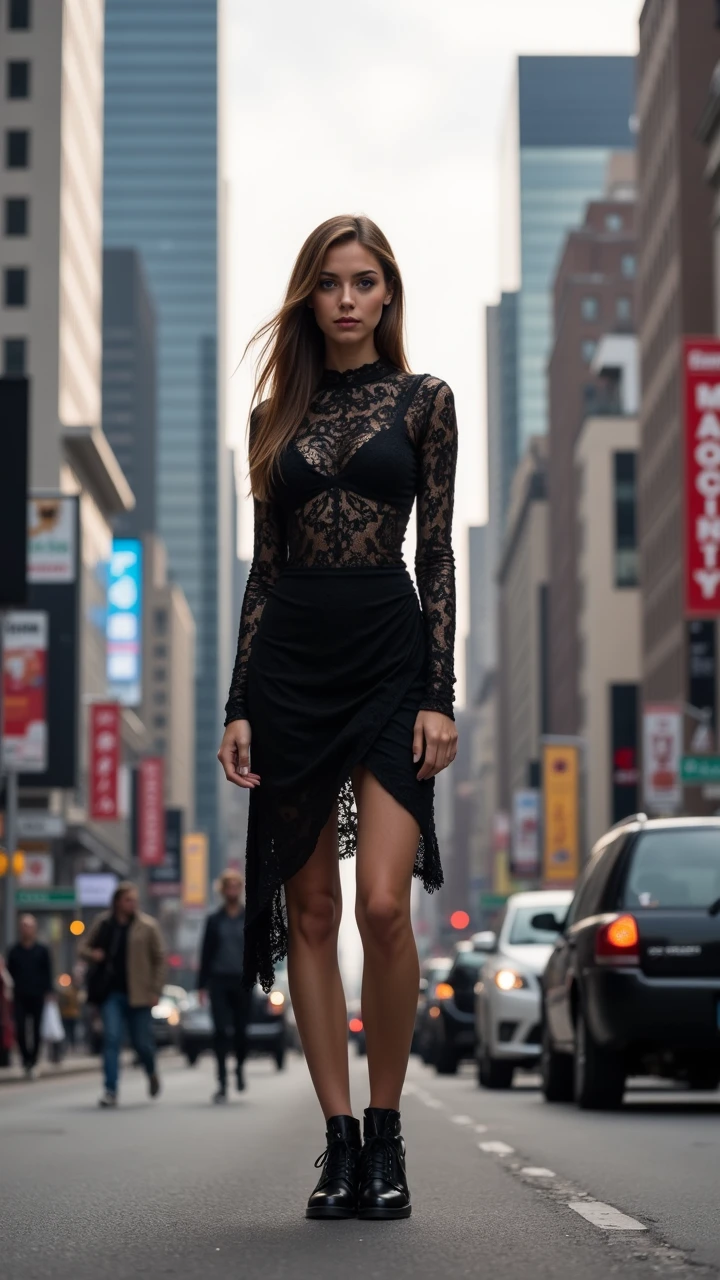 photograph, A woman with long, flowing hair stands in front of a bustling cityscape, wearing an intricate black dress and matching sneakers. She gazes intently at the camera, Ilford HP5+ 400, atmospheric perspective,aidmaSD1.5woman