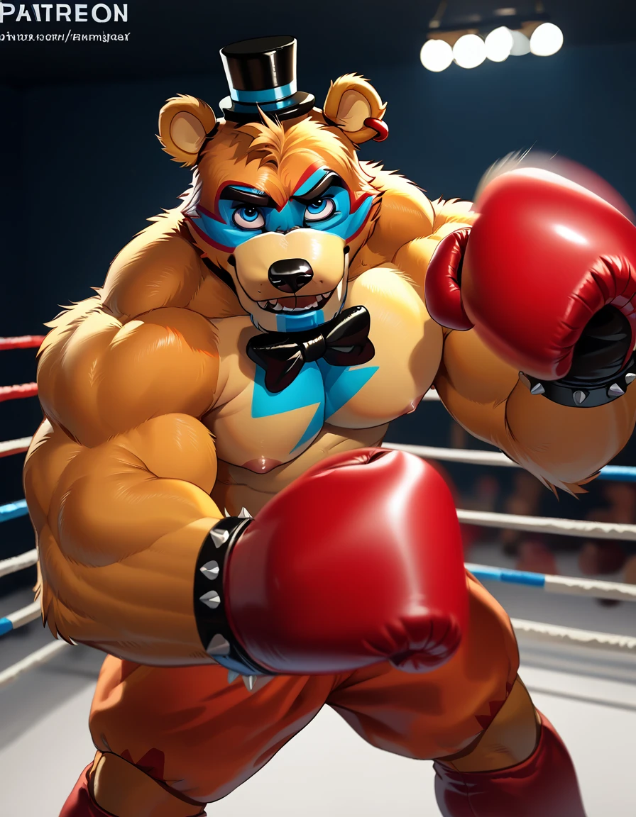 zPDXL3,  source_furry, <lora:POV_Boxing_3:1> pov_boxing, ((punching_the_viewer, motion_blur, punching)), boxing gloves,  fighting ring, dynamic perspective, foreshortening, shallow depth of field, 
BREAK
 <lora:Glamrock_Freddy_Furry:1>  (glamrockfreddy), furry, bear, orange fur, male, handsome,  piercing, top hat,  blue eyes,, spiked bracelet, glamrock freddy, furry male, muscular male, ear ring, bara, pectorals, bowtie