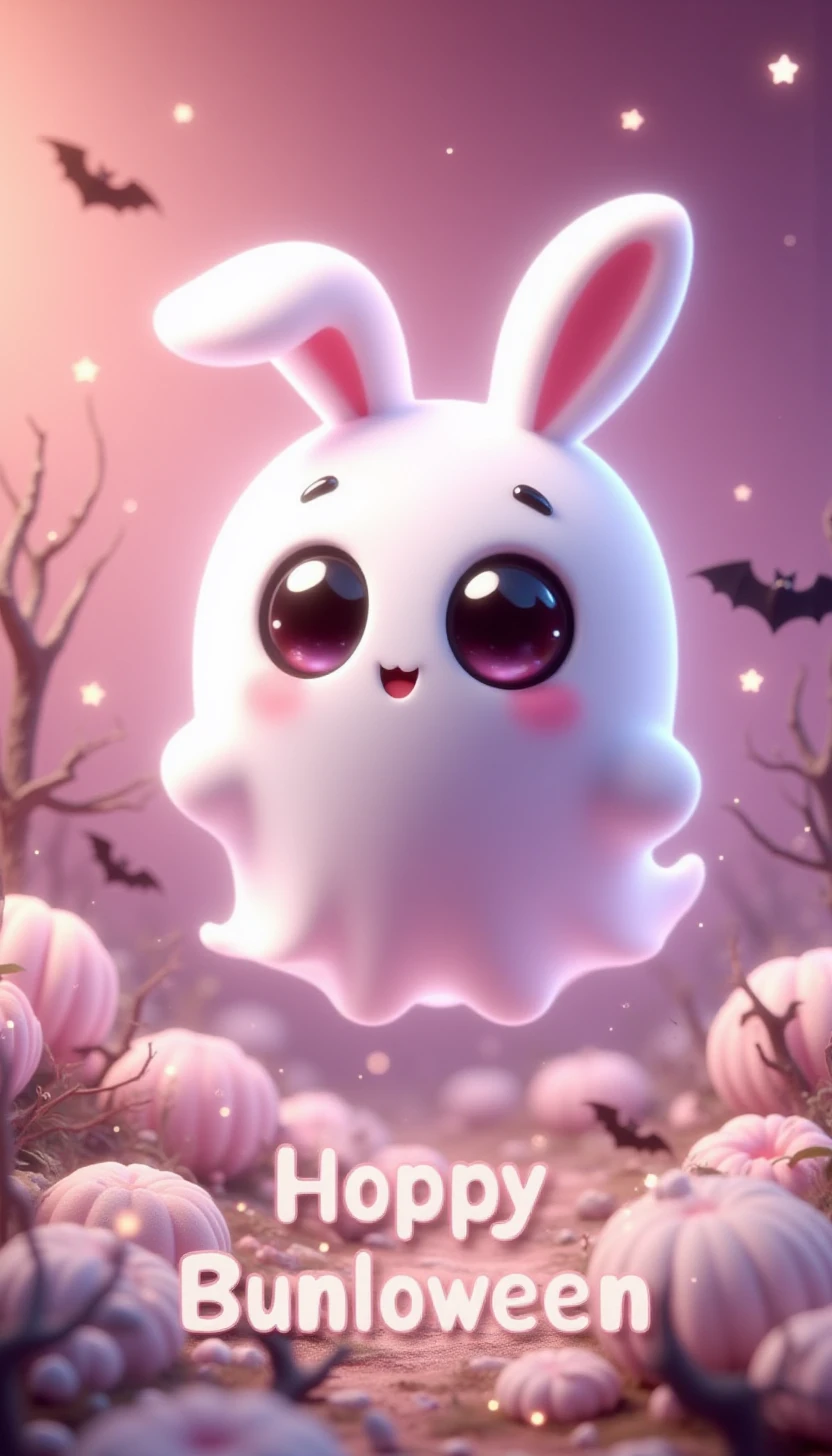 pinkchibihalloween,text: ("Hoppy Bunlloween":1.2),		A cute fluffy rabbit dressed up as a ghost, floating through the air with soft white mist, with text: ("Hoppy Bunlloween":1.2)																					