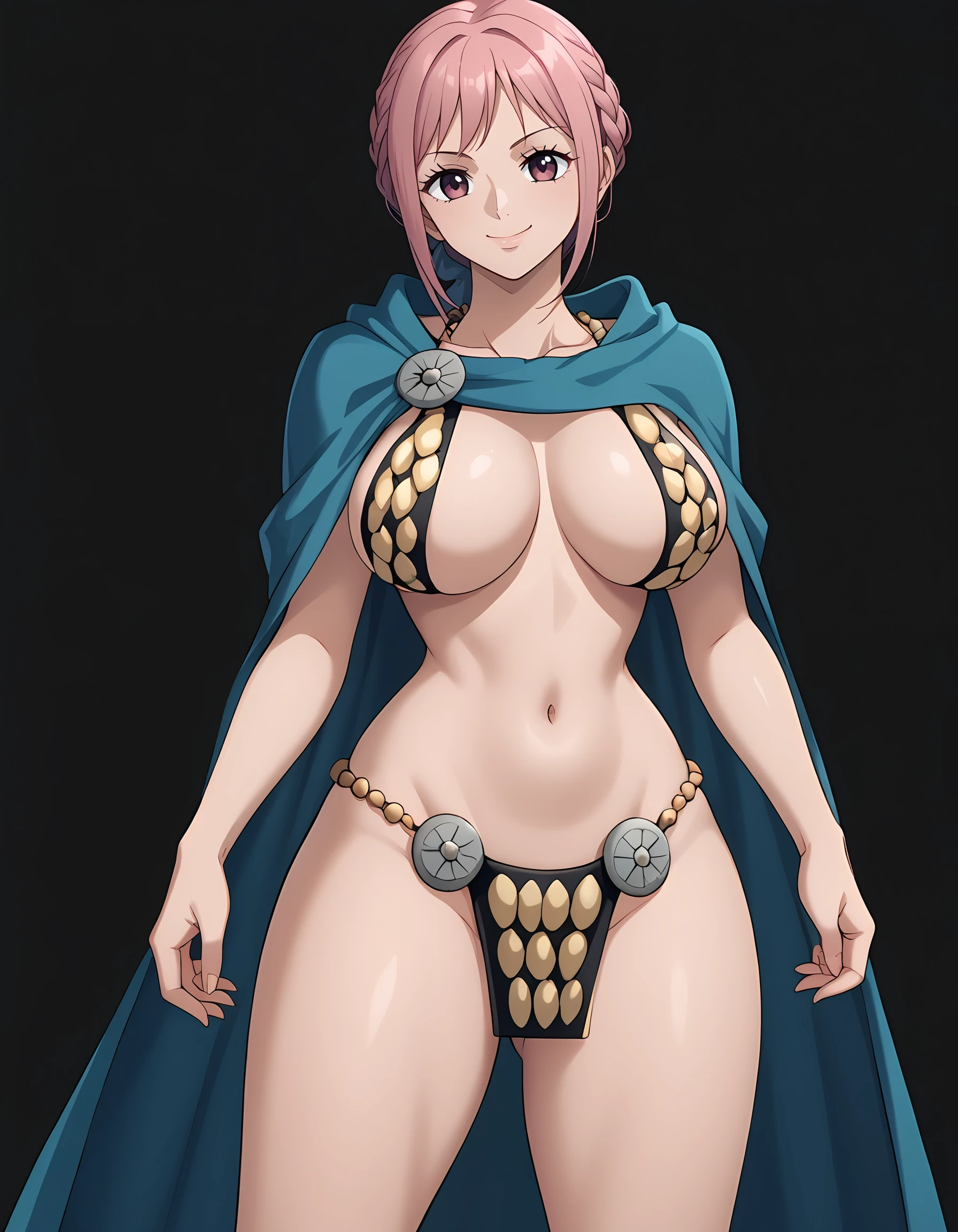 <lora:Rebecca_2:1>, rebecc4, braid, simple black background
1gir, solo, bikini armor, thighs, large breasts, closed mouth smile, blue cloak