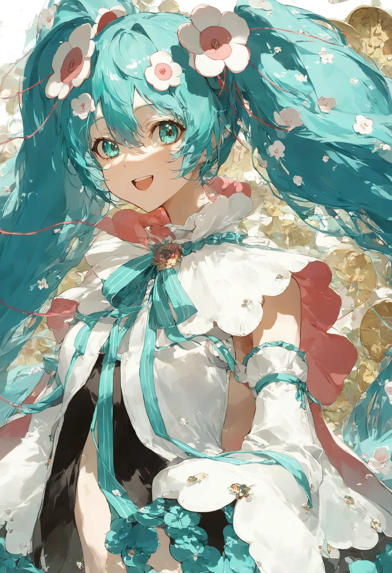 score_9,score_8_up,score_7_up,,source_anime BREAK, upper body , 1girl, solo,looking at viewer,, MHM21, hatsune miku, hair ornament, flower, twintails, magical mirai miku, long hair, detached sleeves, open mouth, aqua hair, smile, very long hair,  wide sleeves, medallion, white sleeves, aqua ribbon, aqua eyes, cape, hair between eyes<lora:ãã¸ã«ã«ãã©ã¤2021:1>