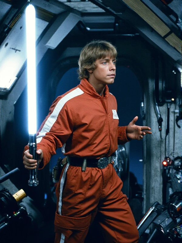 Luke Skywalker wears a tracksuit and hold a lightsaber in a spaceship <lora:Luke_Skywalker:0.9>