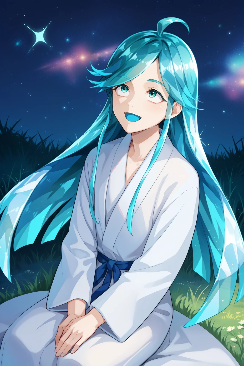 score_9, score_7_up, source_anime, looking up, smile, open mouth, alxdrt, ahoge, aqua eyes, aqua hair, long hair, crystal hair, white skin, white bathrobe, outdoors, grass, night sky, galaxy, <lora:Hoseki_HousekiNoKuni_Alexandrite_PDXL_v1:1>