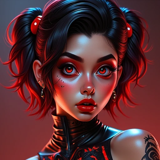 digital illustration of a young heroine lady-marinette (by BmX) woman with an ethereal, gothic aesthetic, heroine catsuit with deep cleavage, outlining perfect naturally shaped breasts, the suit has red and back pattern, outlining voluptuous curves,she has a pale, porcelain complexion and striking, large, almond-shaped eyes with a piercing red hue, giving them an otherworldly appearance. her hair is styled in two high pigtails, adorned with red beads, and styled in a messy, voluminous manner. she has a delicate, heart-shaped face with a prominent nose and full, red lips, slimfit body with highly attracting proportions, lady-marinette, (bmx-style), fany