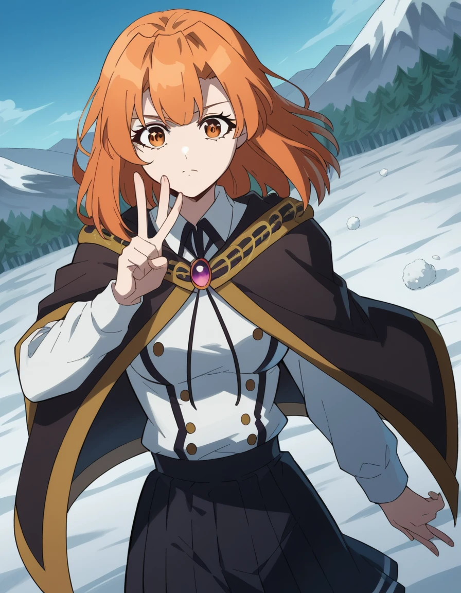 score_9, score_8_up, score_7_up, source_anime, <lora:colette-loire-s1-ponyxl-lora-nochekaiser:1>, colette loire, bangs, brown eyes, medium hair, orange hair, orange eyes, medium breasts,, skirt, black skirt, school uniform, cape, gemstone, brooch, long sleeves, shirt, white shirt, collared shirt, snow day, winter clothes, snowball fight, laughter, cold breath, white landscape, , looking at viewer, v, v over eyes,, solo,, cowboy shot, dutch angle