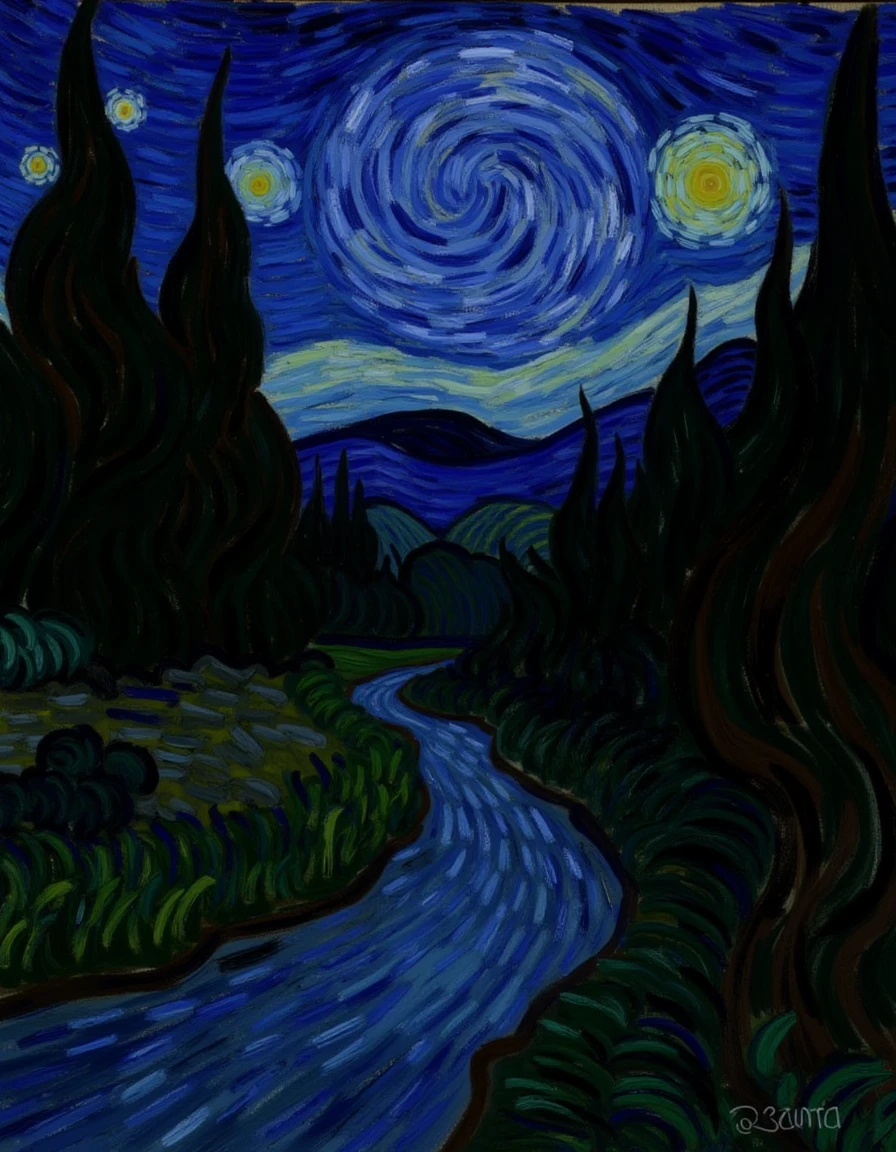 <lora:Starry-Night_v10-000013:1>, starry_night1, A brook in the woods