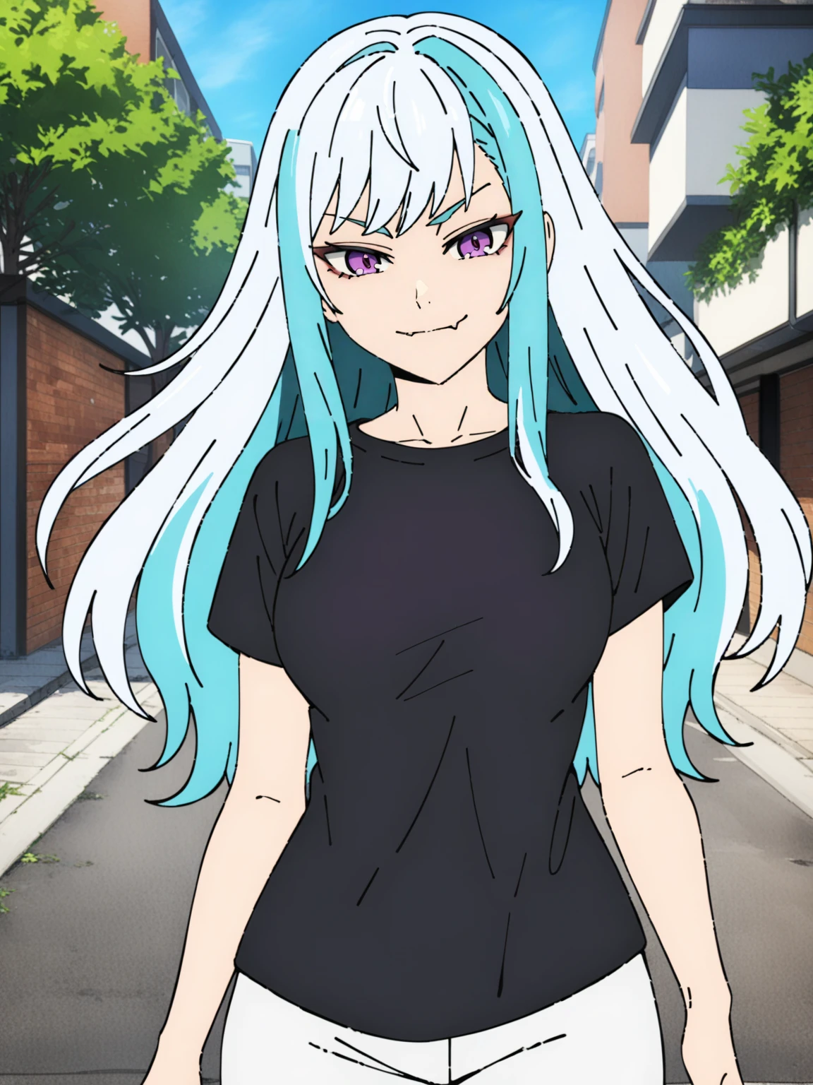 <lora:Kami_no_Tou-DoRA_V1:0.85>
very aesthetic, newest, best quality, masterpiece, absurdres, 1girl, medium breasts, purple eyes, white hair, two-tone hair, aqua hair, long hair, sidelocks, smirk, black t-shirt, white pants, cowboy shot, street, day