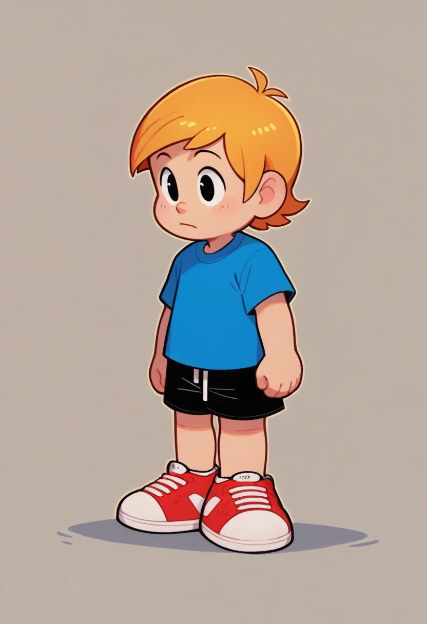 dudu, solo, short hair, shirt, blonde hair, 1boy, standing, full body, male focus, short sleeves, shorts, shoes, orange hair, black eyes, black shorts, blue shirt, sneakers, t-shirt, red footwear