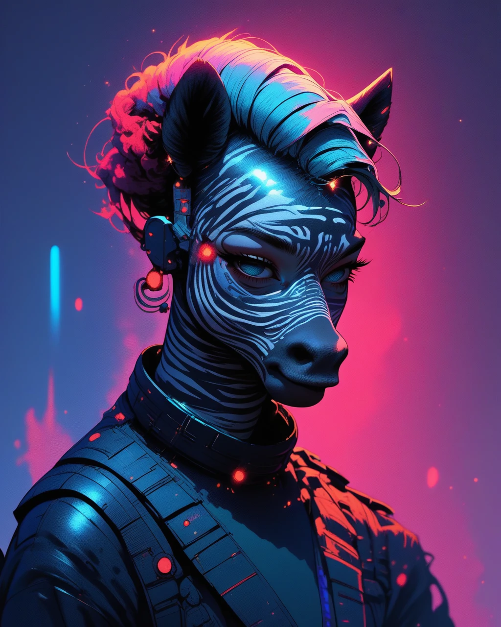 score_9, score_8_up, score_7_up, zebra-animal, <lora:NeoNiNijiColorSteell 15:1> color contrast, glowing embers, sharp lighting, mysterious expression, neon-like glow, high contrast, surrealistic glow, vector art influence, futuristic vibes, focus on geometry, sharp lighting, stylized expression, digital painting, cosmic color:steell