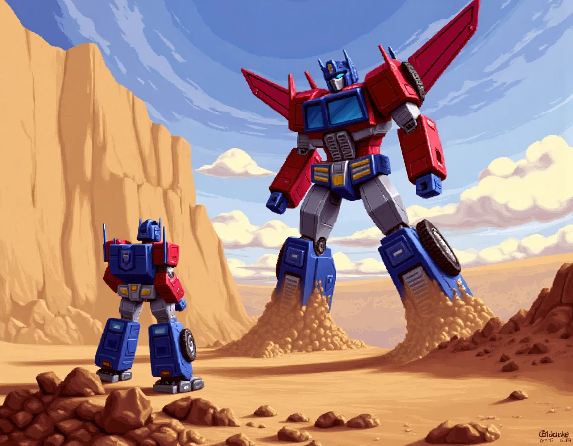 demoscene pixelart of optimus prime looking down on a broken megatron in a dusty desert