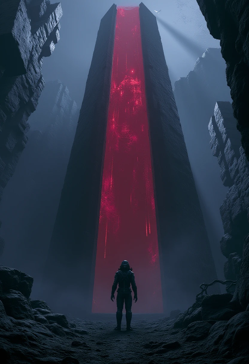 Alien monolith with red organic lights a person in a spacesuit below. R3tun4L style