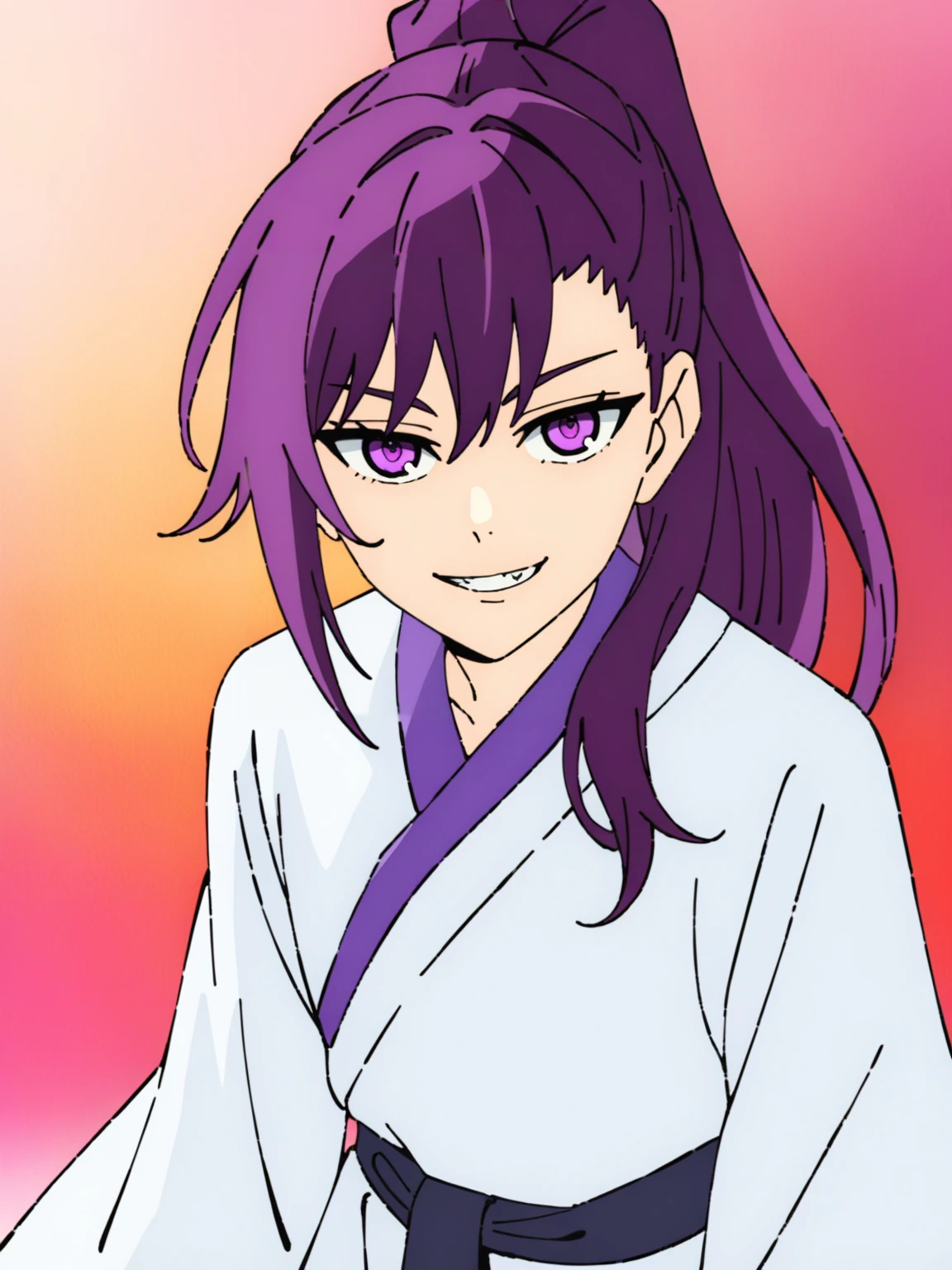 <lora:Kami_no_Tou-DoRA_V1:0.85>
very aesthetic, newest, best quality, masterpiece, absurdres, 1boy, male focus, purple eyes, purple hair, long hair, ponytail, grin, white kimono, looking at viewer, cowboy shot, pink background, gradient background, red background