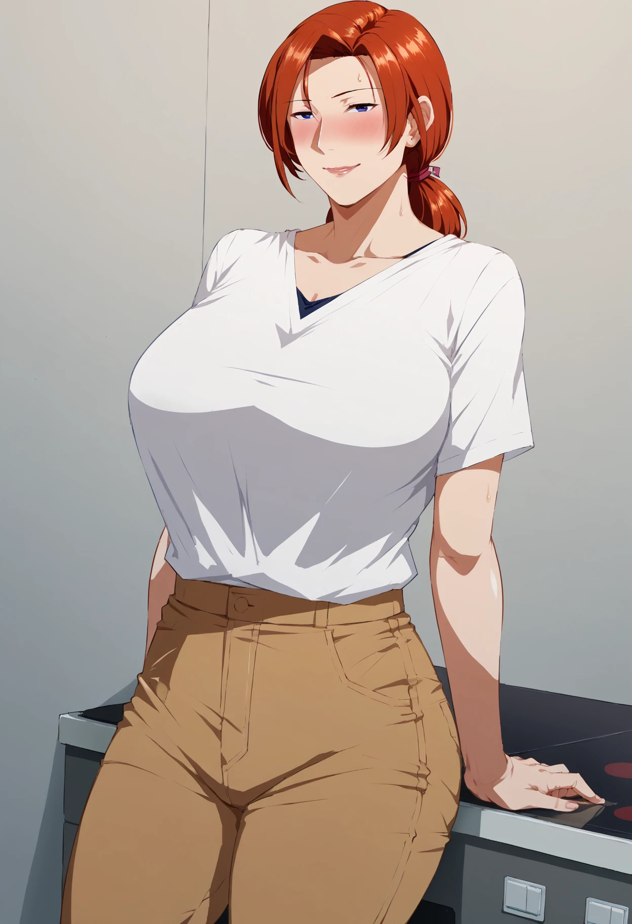 score_9,score_7_up,masterpiece,solo,1girl, mature, redhead, smile blush, shirt, pants,  <lora:GAPTAX_Style:1>