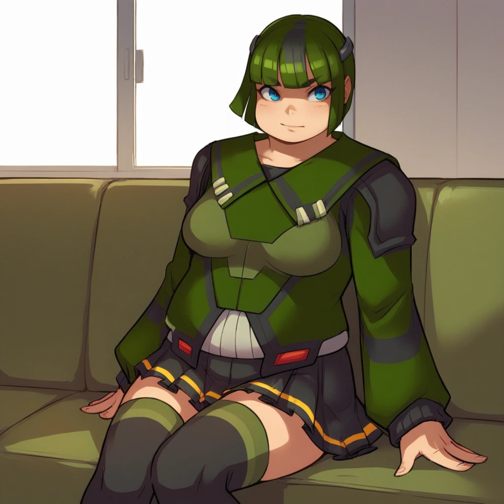 score_9_up, score_8_up, BREAK, Bulkhead, 1girl, solo, green hair, short hair, bob cut, blue eyes, school uniform, skirt, thighhighs, indoors, sitting on couch, <lora:BulkHead_RYUSEI-R_PXL_Leaf1:1>,