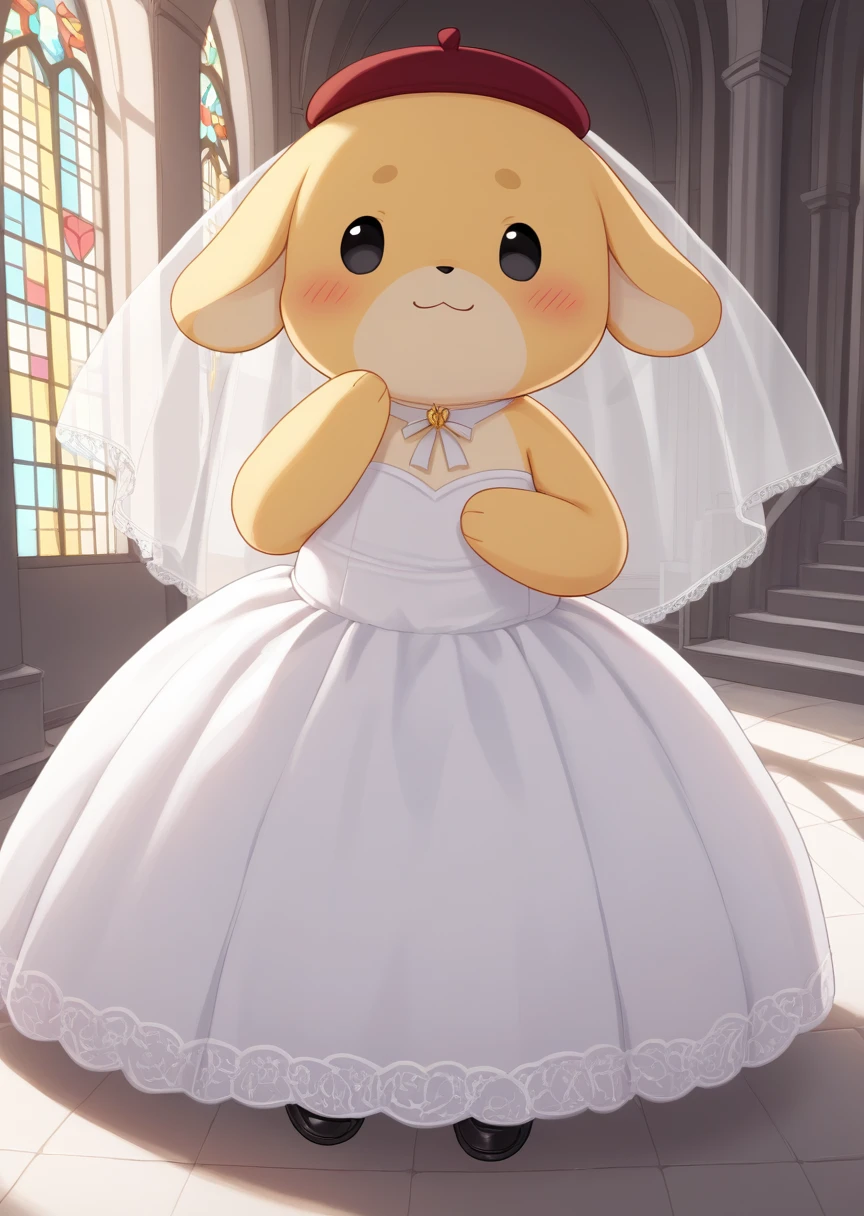 score_9, score_8_up, score_7_up, score_6_up, score_5_up, BREAK
Purin, antro, male, no humans, solo, :3, red headwear, beret, furry, yellow fur, church, black eyes, cute, blush, Wedding dress, wedding dress, dynamic pose, chubi