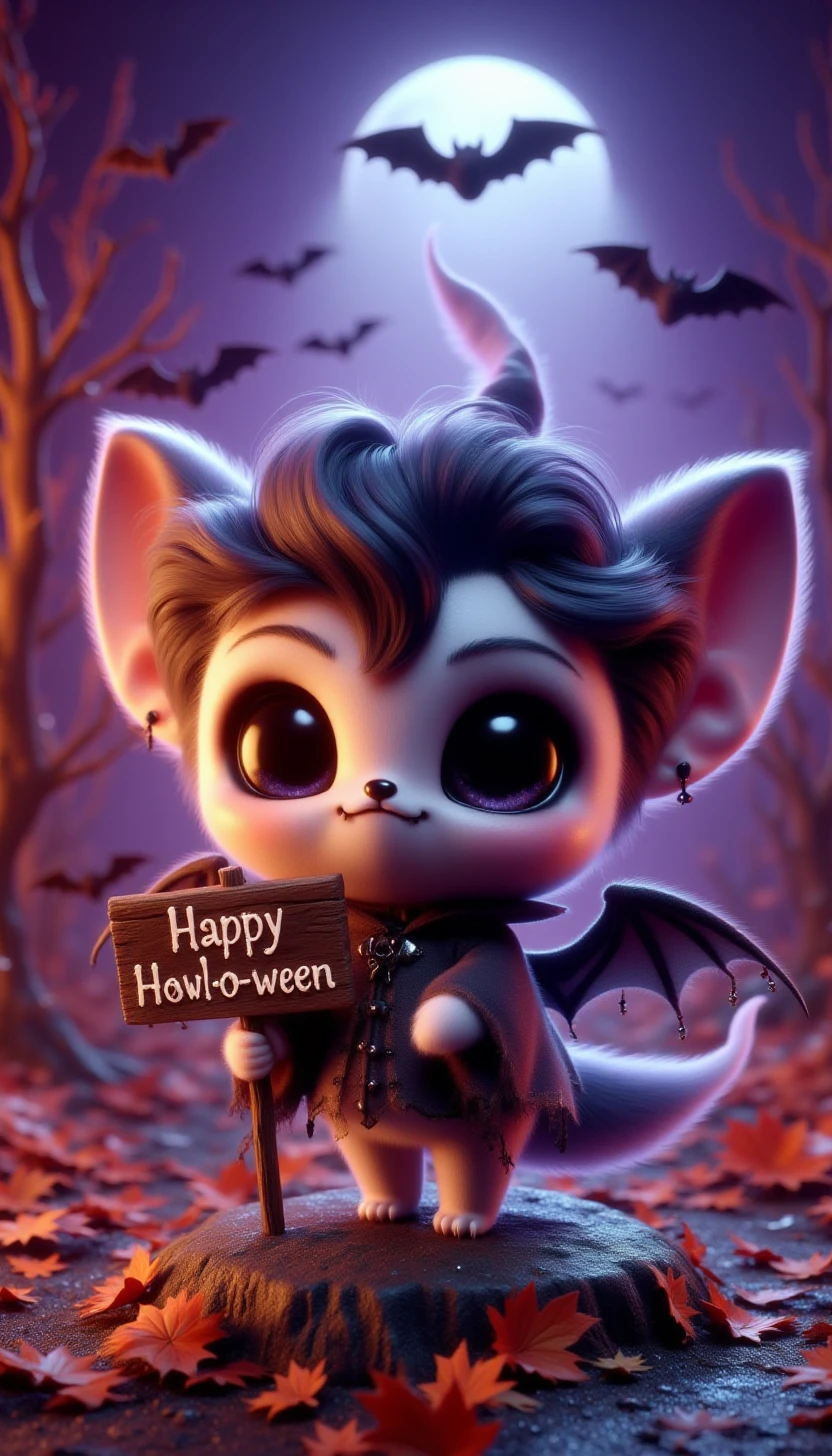 pinkchibihalloween, A tiny vampire holding a sign that says "Happy Howl-o-ween" next to a cute bat