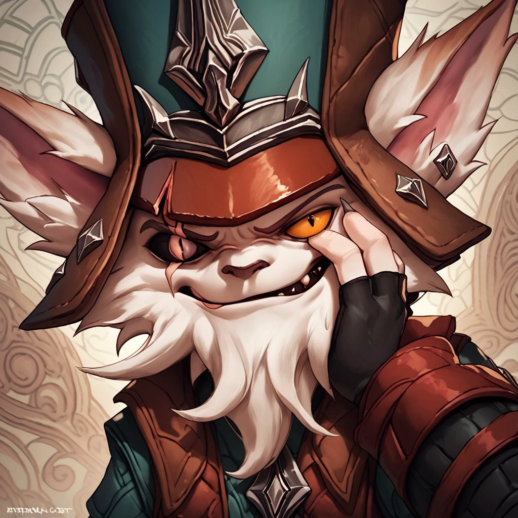 score_9, score_8_up, score_7_up, detailed background, Kled, Yordle, scar across eye, colored sclera, hat, brown pants, fingerless gloves, 