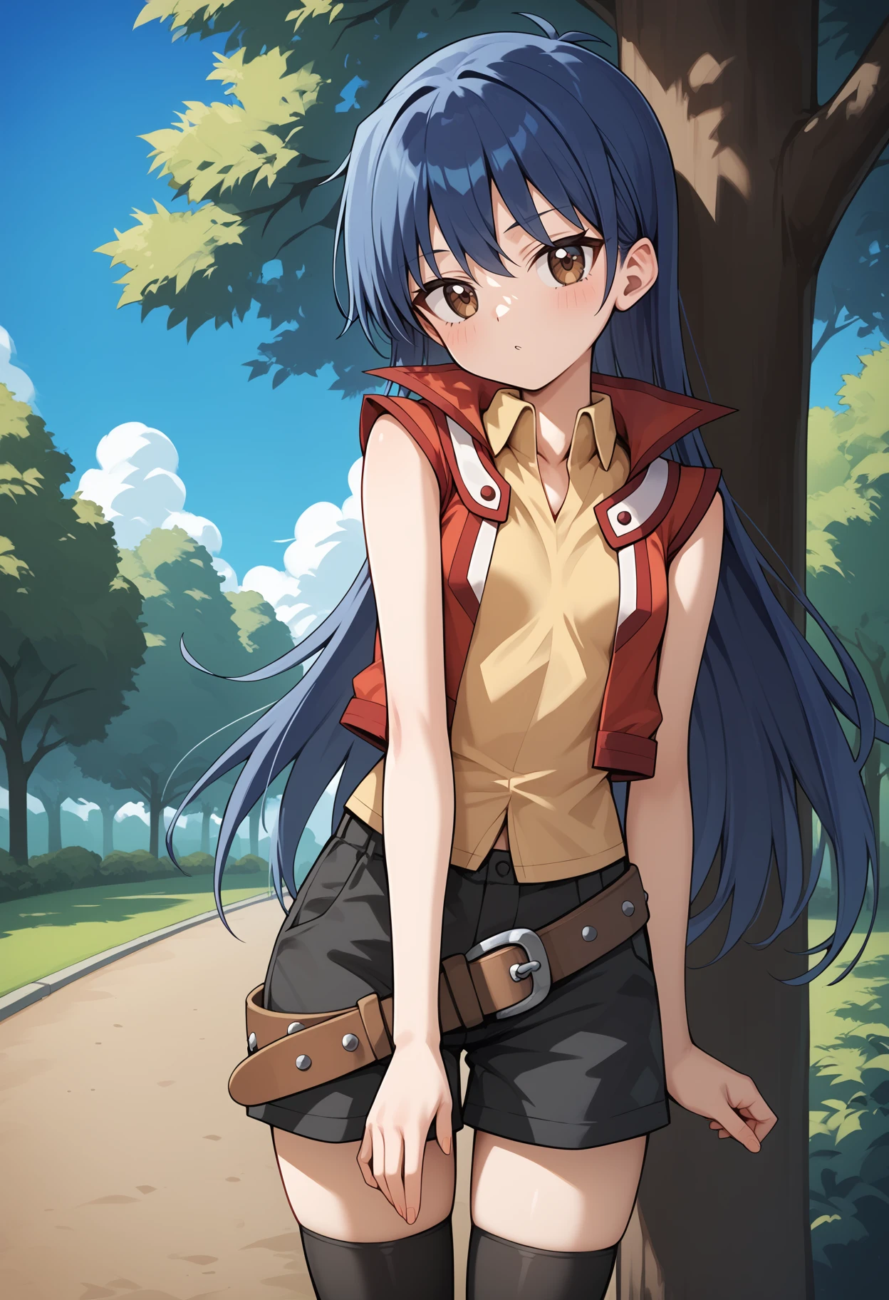 score_9, score_8_up, score_7_up, score_6_up, score_5_up, score_4_up, source_anime, aarei, long hair, blue hair, brown eyes, small breasts, collared shirt, yellow shirt, red jacket, sleeveless, belt, black shorts, black thighhighs, <lora:saotome_rei_ponyxl_v1:0.9>, standing, cowboy shot, outdoors, park,