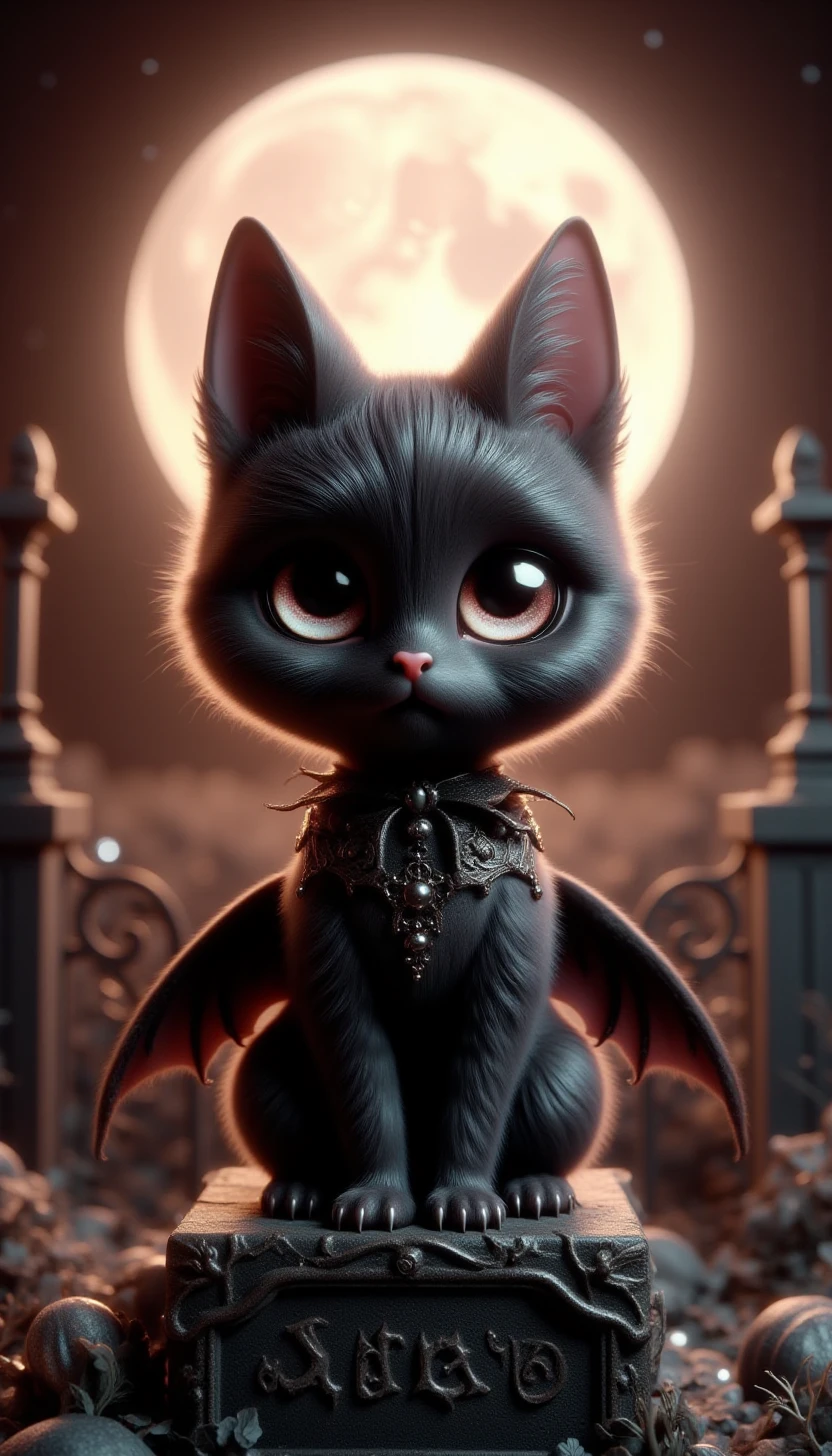 pinkchibihalloween,A black cat dressed as a miniature Victorian-era vampire, posing on a gravestone with a full moon behind it