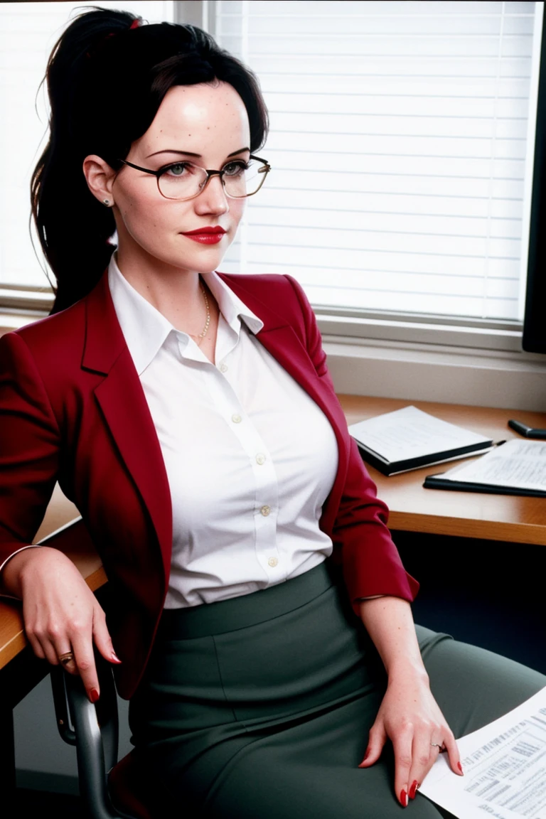 carlag-232, 21 year old woman, a photo of a woman, glasses, pencil skirt, collared shirt, sitting on a desk, office, window, papers, legs crossed, slight smile, ponytail, red lipstick, blush,((detailed eyes, detailed face):1.2)