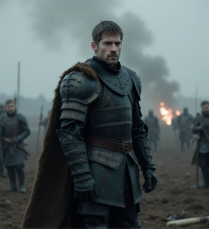 bokeh,  outdoor,  <lora:jaime-lannister-flux-j3mil4:1>game of thrones style,  j3mil4 in a blackened armor and a cloak muddy and torn, standing on a smoking battlefield, with wounded soldiers around and the sky covered by ominous clouds.