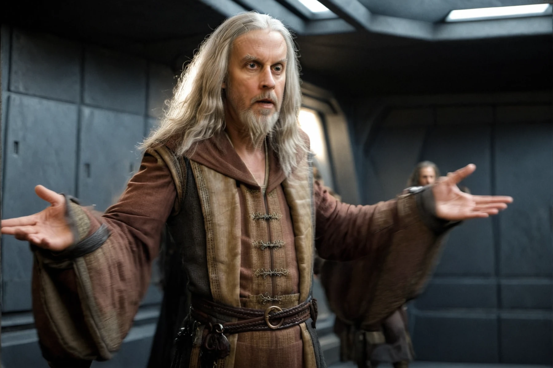 (extreme close-up1.5) shot of Jorus C'baoth  <lora:Jorus_Cbaoth:1> has long grey hair with a beard, he is wearing warm earth tone colored Jedi clothing, talking, background of a Star Destroyer Interior <lora:Star_Destroyer_Interior:0.8> from a star wars movie, white lights in the walls, science fiction, 8k resolution, sharp focus, dark and ominous, cinematic, detailed, motion picture style, realistic, sci fi style, cinematic light, perfect color, perfect scene, shallow depth of field, vignette, highly detailed, high budget, bokeh, cinemascope, moody, epic, masterpiece, <lora:Rembrandt Lighting style v2:0.2> Rembrandt Lighting style, in the dark Low-key lighting Style <lora:Low-key lighting Style:0.2>