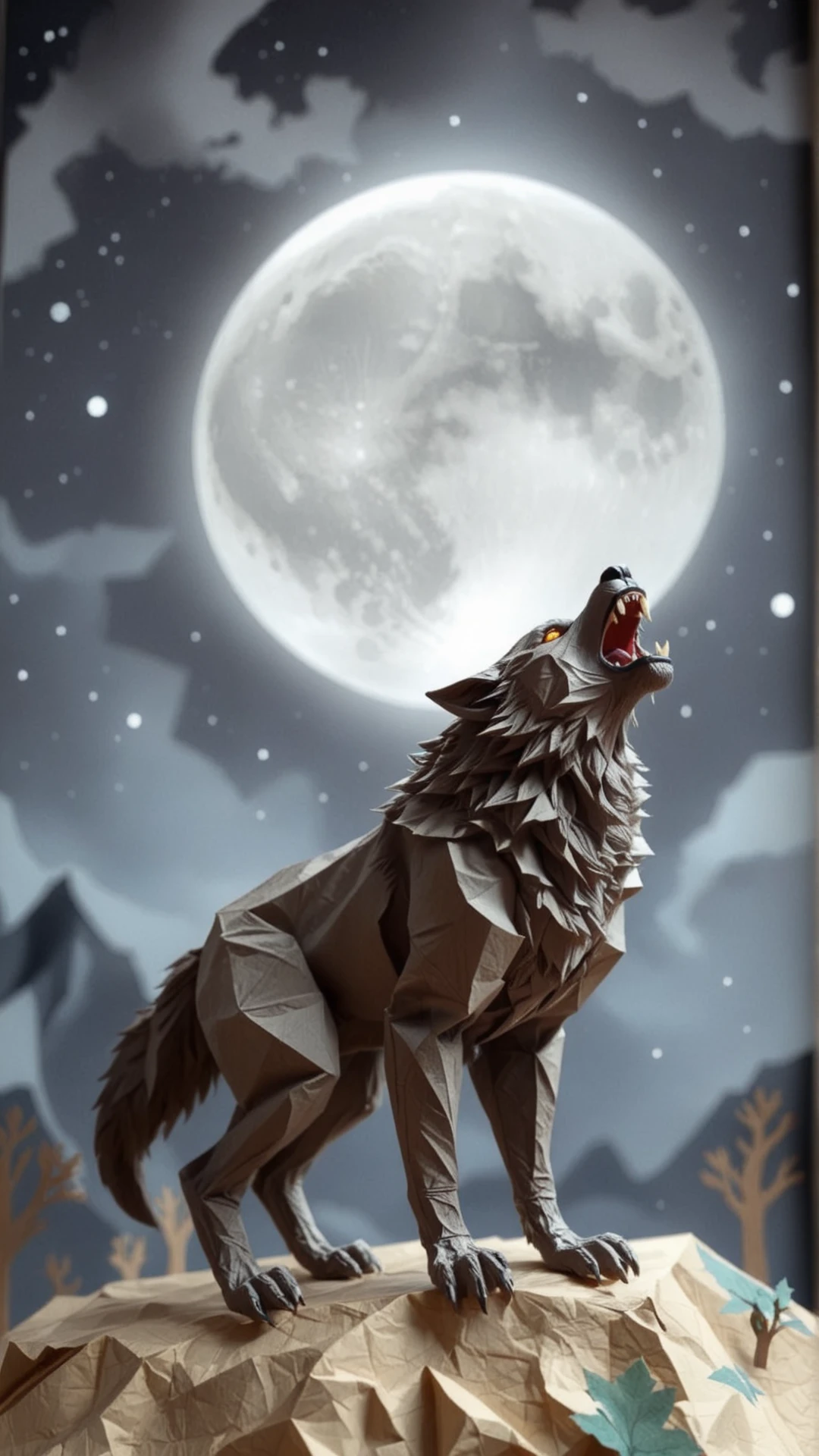 <lora:PaperCraftStyleSDXL:1.6>PaperCraftStyle a werewolf howling at the full moon